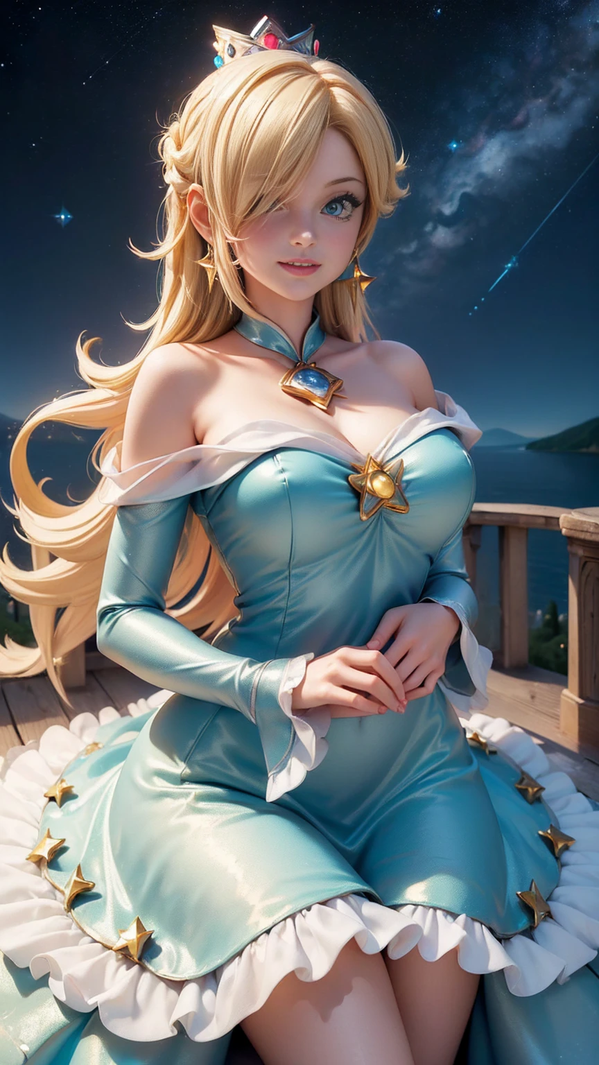 (Masterpiece), Best Quality, expressive eyes, Perfect face, high resolution, 1 girl, Alone, Rosalina, by rubio, Blue eyes, hair over one eye, wide, blue dress, corona, dress, earrings, jewelry, Princess, tunica, bare shoulders, barefoot, star earrings, space, starry background, shiny particles, good lighting, Sitting on the ground, portrait, looking at the viewer