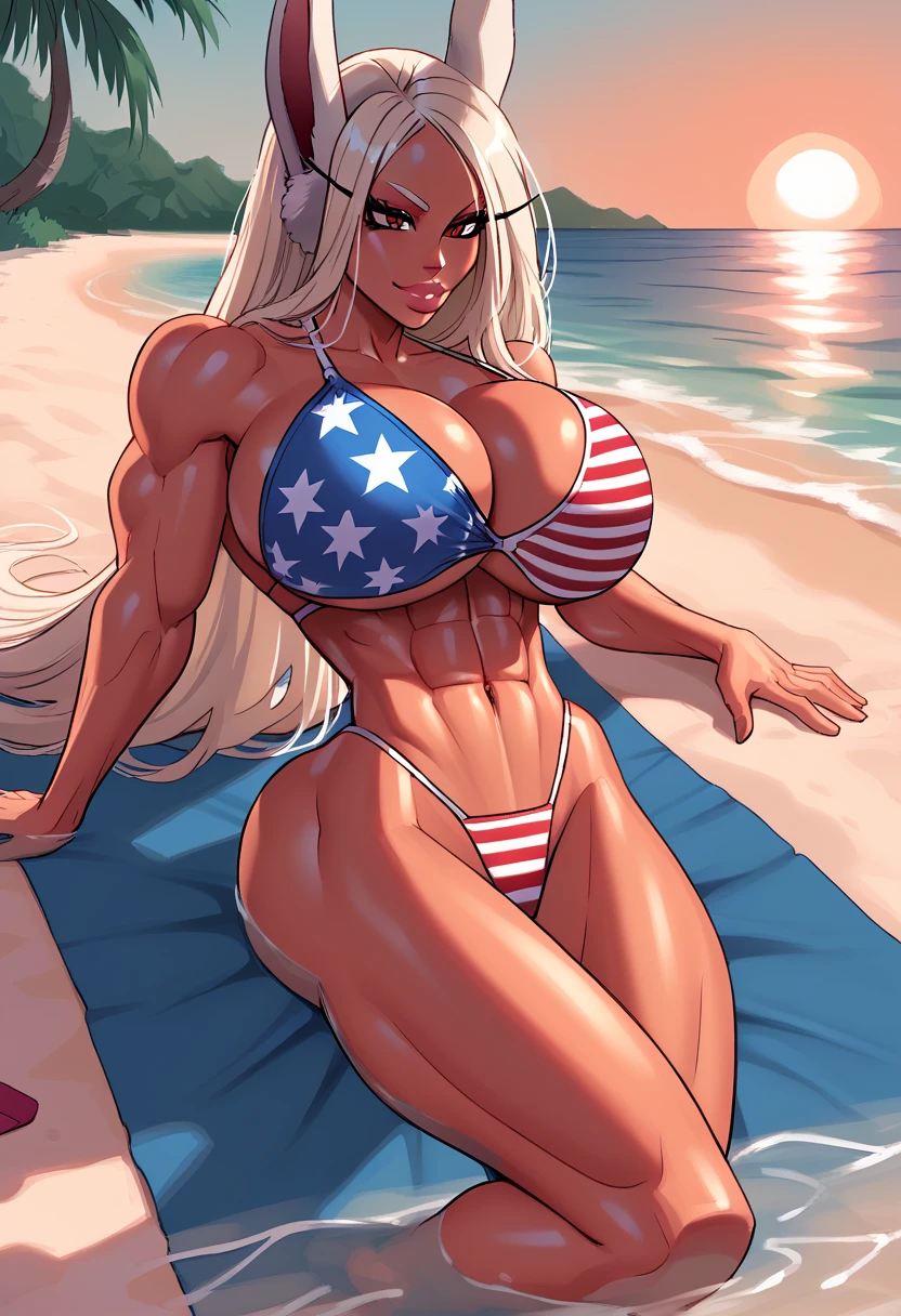 score_9, score_7_up 1girl, solo, (mirko):0.8, american flag bikini, beach, lounging, in water, cleavage, large breasts, toned, sunset, depth of field, water, on ground