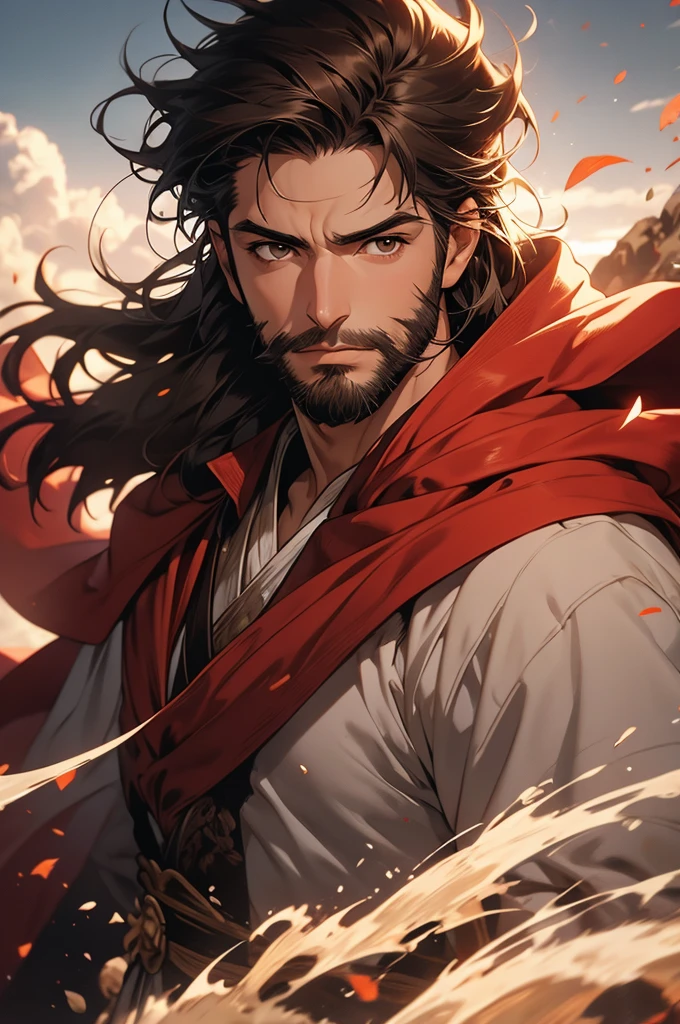 [4k, ultra detailed image, character in 32k, beautiful features] white man, long brown hair, short stubble beard, deep brown eyes, simple swordsman outfit, [hair being blown in the wind], gentle smile on his face, red cape being blown in the wind, landscape background, [angle seen from above of the character taking in the landscape around him, character looking fixedly at the viewer]