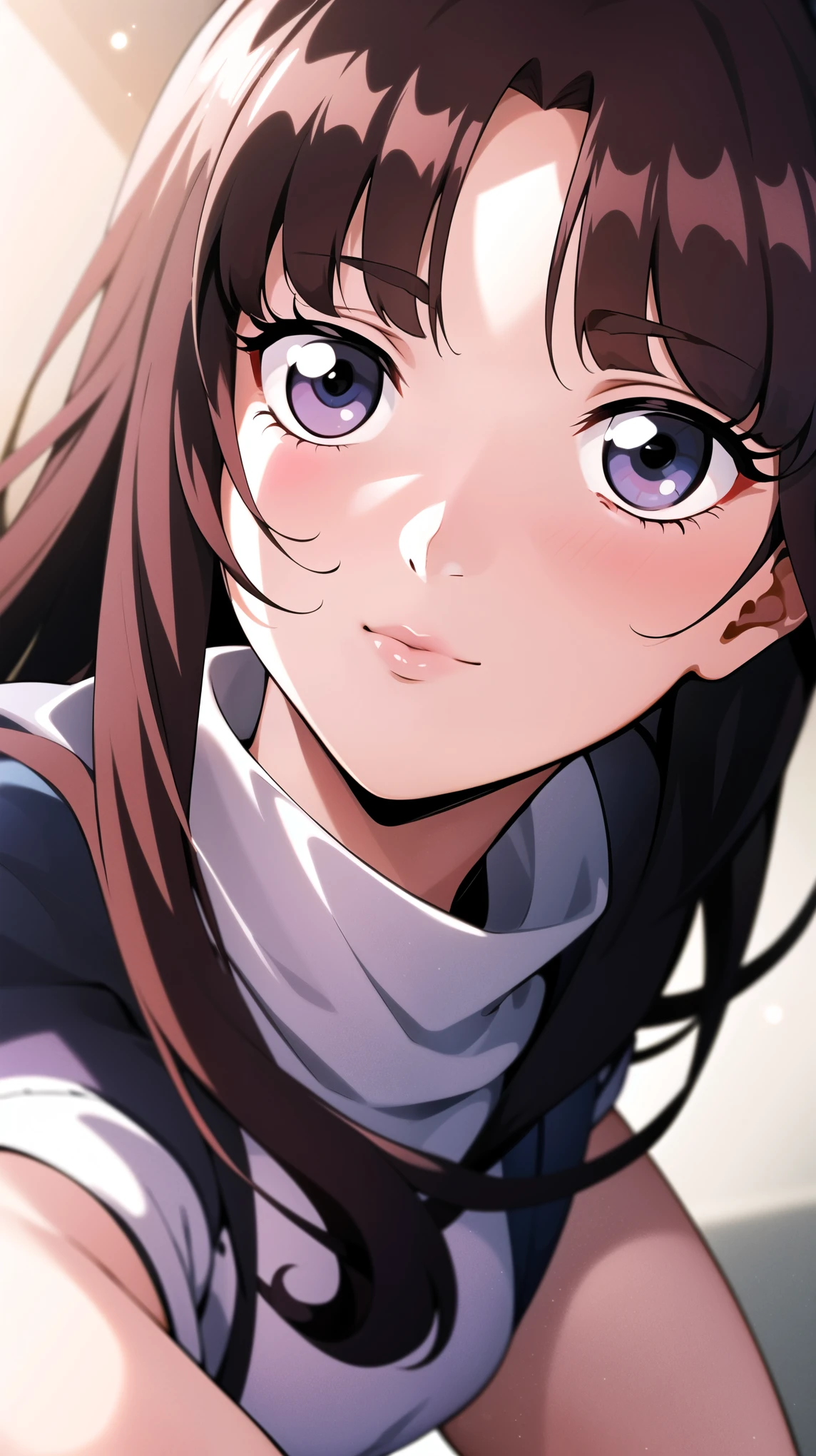 full body, school uniform, red tie, white shirt, blue sweater vest, pleated skirt, hair clip, hair ornament, red eyes:1.2, red pupils:1.2, red lips:1.2, bangs, brunette hair, black hair, long hair,1 girl, 18yo, young female, slim body, curvy body, beautiful finger, Beautiful long legs, Beautiful body, Beautiful Nose, Beautiful character design, perfect eyes, perfect face, expressive eyes, perfect balance, looking at viewer,(Focus on her face),closed mouth, (innocent big eyes:1.0),(Light Smile:0.3),official art, extremely detailed CG unity 8k wallpaper, perfect lighting, Colorful, Bright Front face Lighting, White skin,(masterpiece:1.0),(best quality:1.0), ultra high res,4K,ultra-detailed,photography, 8K, HDR, high-res, absurdres:1.2, Kodak portra 400, film grain, blurry background, bokeh:1.2, lens flare, (vibrant color:1.2),professional photograph,(Beautiful, big breasts:1.2), (beautiful face:1.5),(narrow waist),