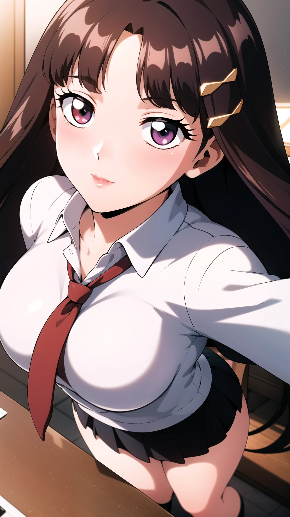 full body, school uniform, red tie, white shirt, blue sweater vest, pleated skirt, hair clip, hair ornament, red eyes:1.2, red pupils:1.2, red lips:1.2, bangs, brunette hair, black hair, long hair,1 girl, 18yo, young female, slim body, curvy body, beautiful finger, Beautiful long legs, Beautiful body, Beautiful Nose, Beautiful character design, perfect eyes, perfect face, expressive eyes, perfect balance, looking at viewer,(Focus on her face),closed mouth, (innocent big eyes:1.0),(Light Smile:0.3),official art, extremely detailed CG unity 8k wallpaper, perfect lighting, Colorful, Bright Front face Lighting, White skin,(masterpiece:1.0),(best quality:1.0), ultra high res,4K,ultra-detailed,photography, 8K, HDR, high-res, absurdres:1.2, Kodak portra 400, film grain, blurry background, bokeh:1.2, lens flare, (vibrant color:1.2),professional photograph,(Beautiful, big breasts:1.2), (beautiful face:1.5),(narrow waist),