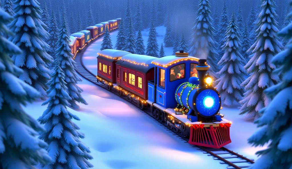 A top-down Pixar-style cartoon shot of a completely blue Christmas train weaving through a dense, snow-covered pine forest. The vibrant blue wagons stretch horizontally across the frame, fully decorated with glowing garlands, shiny red ribbons, and twinkling fairy lights.  

The frosted treetops below form a thick white and green canopy, and the untouched snow on the ground sparkles in the pale winter sunlight. The train tracks create a perfect, winding path through the forest, while the glowing frosted windows of the blue wagons add warmth to the serene winter atmosphere. The entire train, from front to back, is consistently bright blue.  