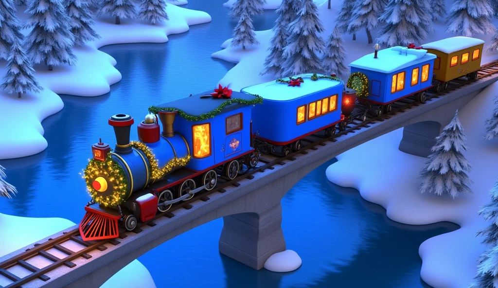 A top-down Pixar-style cartoon shot of a fully blue Christmas train crossing a long snow-dusted bridge over a frozen river. Each wagon of the train is painted a vibrant blue, decorated with glowing garlands, red ribbons, and shiny baubles that sparkle against the wintry backdrop.  

Below, the frozen river reflects the train’s motion, creating faint shimmering streaks of color on the icy surface. Snow-dusted pine trees line the riverbanks, framing the scene beautifully, while the glowing frosted windows of the train wagons emit a cozy golden light.  