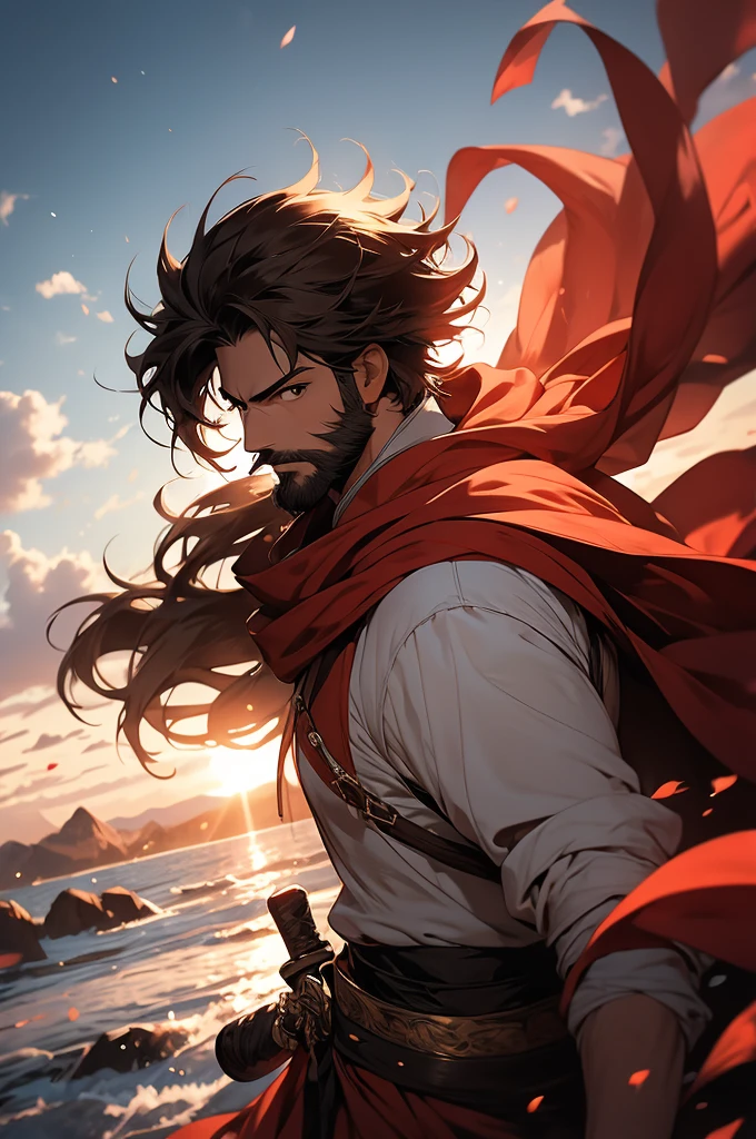 [4k, ultra detailed image, character in 32k, beautiful features] white man, long brown hair, short stubble beard, deep brown eyes, simple swordsman outfit, [hair being blown in the wind], gentle smile on his face, red cape being carried in the wind, landscape background, a sword in hand with its blade shining with the reflection of the sun [angle seen from above of the character taking in the landscape around him, character looking fixedly at the viewer]