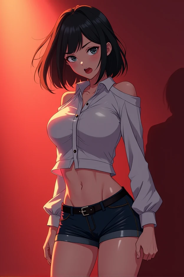 A beautiful (9yo young girl:1.3) in sexy a tight designer mini skirt, shoulderless designer shirt, tight, furious expression, black bob haircut, beautiful background, extremely detailed, anime, high quality, 8k, vivid colors, dramatic lighting, masterpiece, beautiful body, sexy, erotic scene, undressed, seducing beautiful look