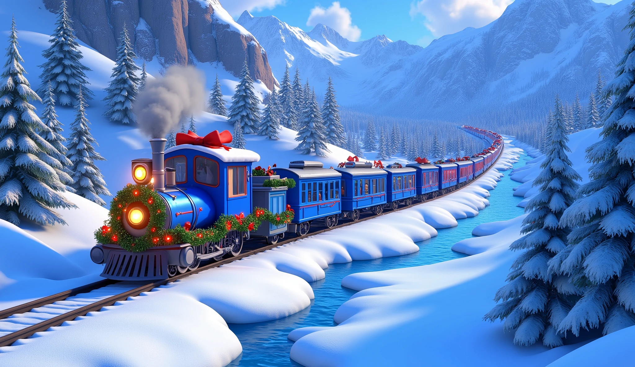 A top-down Pixar-style cartoon shot of a fully blue Christmas train cutting through a snowy mountain valley. The train’s bright blue wagons stretch across the frame in a perfect horizontal line, each decorated with glowing garlands, twinkling fairy lights, and festive red bows.  

The snowy valley floor is dotted with frosted pine trees and crisscrossed by frozen streams, while the surrounding mountain slopes are blanketed in fresh snow. The train tracks, barely visible beneath the snow, leave long trails behind the blue wagons as they move gracefully through the scene.  