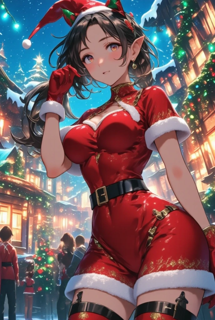 highest quality、Nice sexy body、One Woman、solo、(Beautiful busty woman:1.5)、Medium hair woman、((Woman with dark red hair))、Santa Claus Costume、Woman wearing a Santa Claus hat、(A woman wearing a red Santa Claus high-leg leotard:1.3)、(A woman wearing brown pantyhose)、A woman wearing a red Santa Claus cape、Smiling woman、Christmas tree、Snowy cityscape、illumination