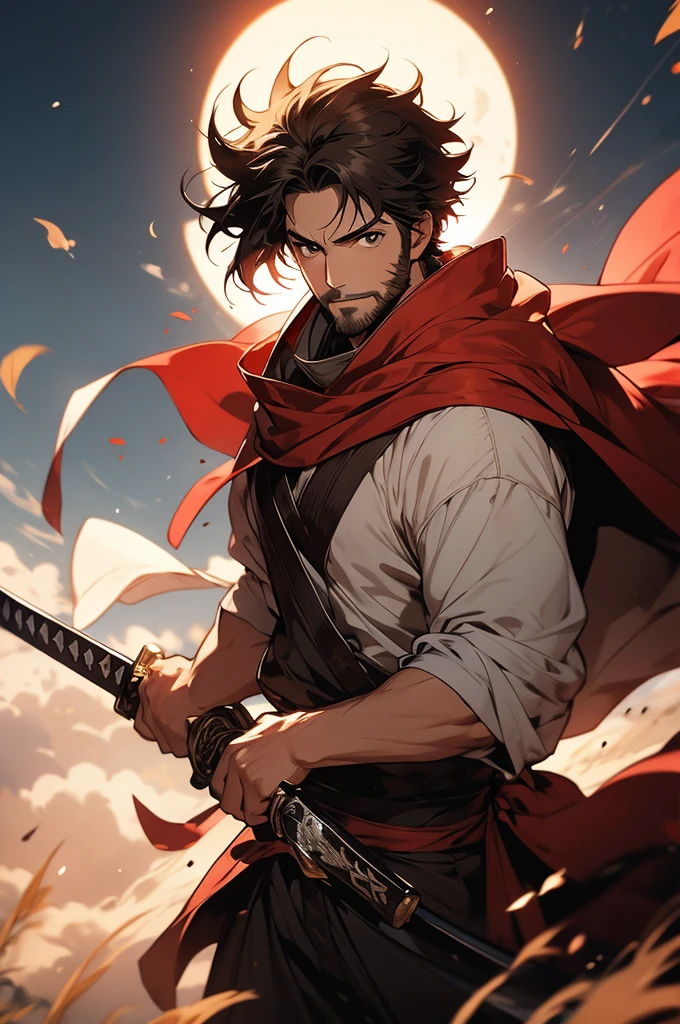 [4k, ultra detailed image, character in 32k, beautiful features] white man, long brown hair, short stubble beard, deep brown eyes, simple black swordsman outfit, [hair blowing in the wind], smile gentle on the face, red cape being carried in the wind, landscape background, a sword in hand with its blade shining with the reflection of the sun [angle seen from above of the character taking in the landscape around him, character looking fixedly at the viewer ]