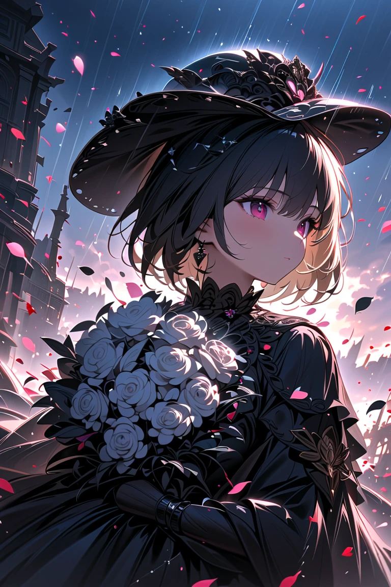  1 girl in uniform,, Face Invisible , Black Gothic Dress ,Black Hat,white bouquet,(holding white bouquet), standing,Front,( Black petals fluttering in large numbers), Rain of Petals ,Lots of petals,Countless petals,Petals Fly Through the Air ,Art Deco,chromatic painting ,Rococo, chiaroscuro , cinematic lighting, huge amount of petals ,  knight ,Dark fantasy,Graveyard Background,masterpiece, top quality, super detailed, 8K Portrait ,unity 8k 壁紙,  ultra-fine illustration  