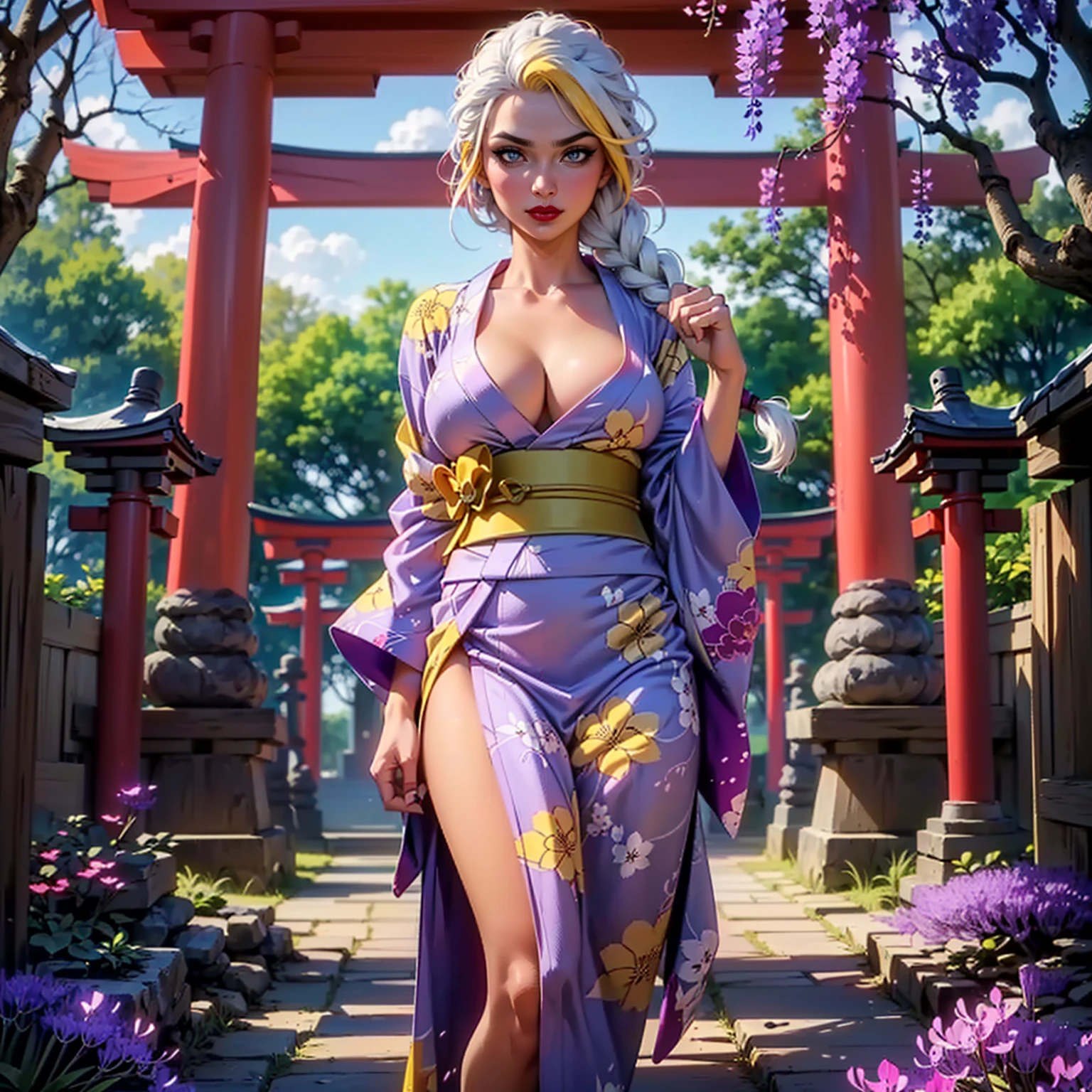 ((Masterpiece, 1girl, alone, solo,Best Quality, (jainapost, multicolored hair, white hair, yellow hair, single braid), majestic, Smug)), ((pink lipstick, Extremely detailed, ambient soft lighting, 4k, perfect eyes, a perfect face, perfect lighting, a 1girl)),  , ((fitness,, shapely body, athletic body, toned body)),  ((kimono, Yukata, Japanese garden, Japanese temple, forest, torii, trees, city in the background, red lipstick, clouds, smug, printed kimono, jacaranda trees, high heels, neckline, cleavage))