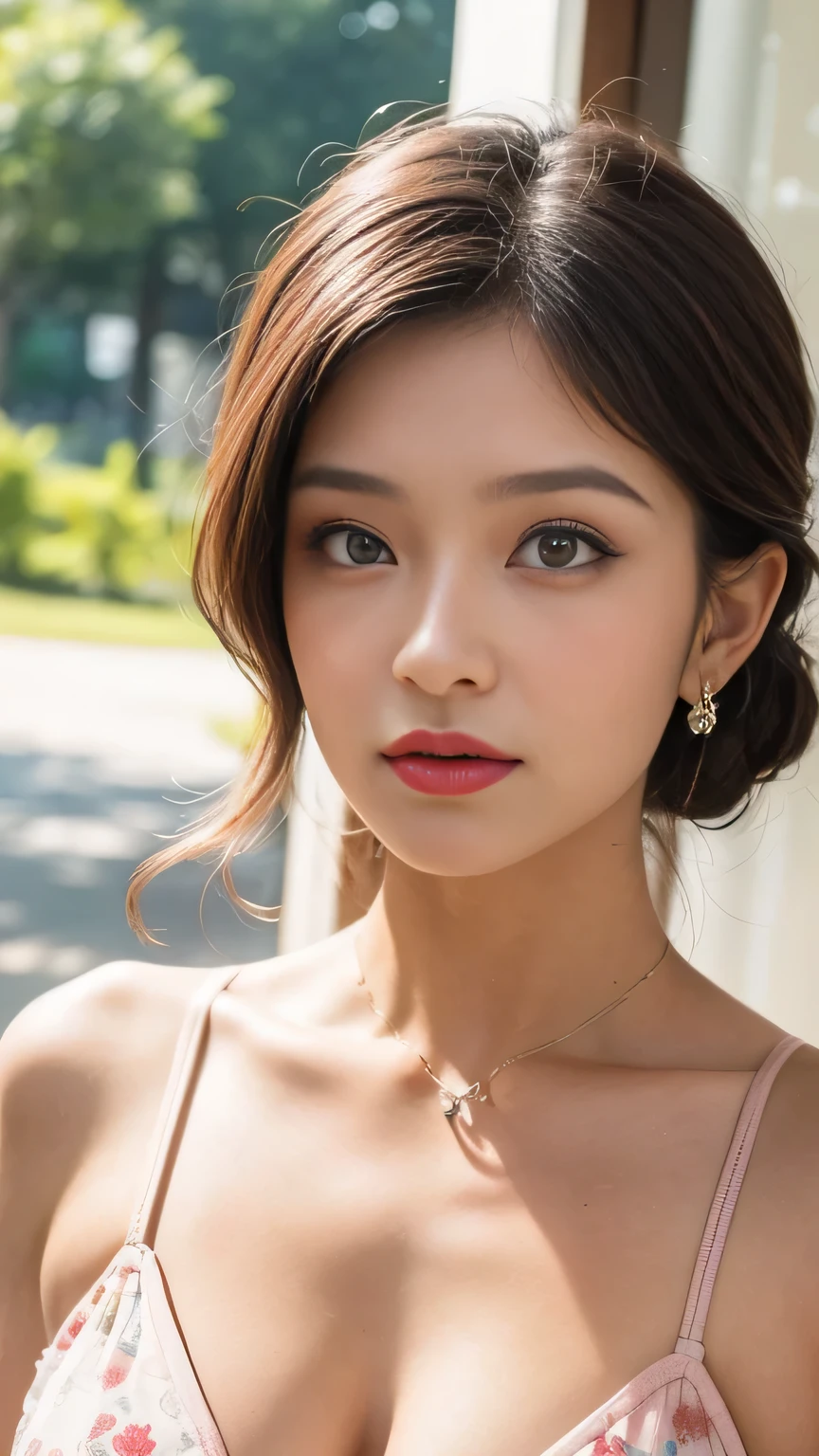 Perfect pink eyes,  wonderful顔,  Indian, Beautiful appearance, (( red lips, Bright Eyes, Curve Heir 1.5)), (( Beautiful Details Extremely Large Breasts )), (Candid and transcendental clever , Unsaggy Breasts ),  wonderfulゴージャス, beautiful radiant face , 美しい顔Bright Eyes,  elegant printed hijab with great attention to detail ,  Updo Elegant Hair , Blurred gray tone background, Super concentrated, Your face is shining,  Face Details 8K Resolution , Painted, Dry brush,  Brush Strokes,   Razumov style and Garmash style , Melt , （Fluorescent color：1.4），（translucent：1.4），（retro filter：1.4），（ wonderful：1.4），  Candy World Disneyland, mystical soft, soft, fluffy, soft scenery, forest, snowflakes, pale pink sky, green, blue, sparkling spiritual light, soft, dreamy, rainbow star, diamond, sparkling gemstone background, super realistic, super high quality cinematic lighting, lots of details, full HD painting, rich light，diagonal bangs， Collared dress，Side masterpiece，  top quality，real skin，（Sports Late：1.5），  one girl， [ Short bangs ，  sandwiched between long white hair ，( sexy pose :1.3)