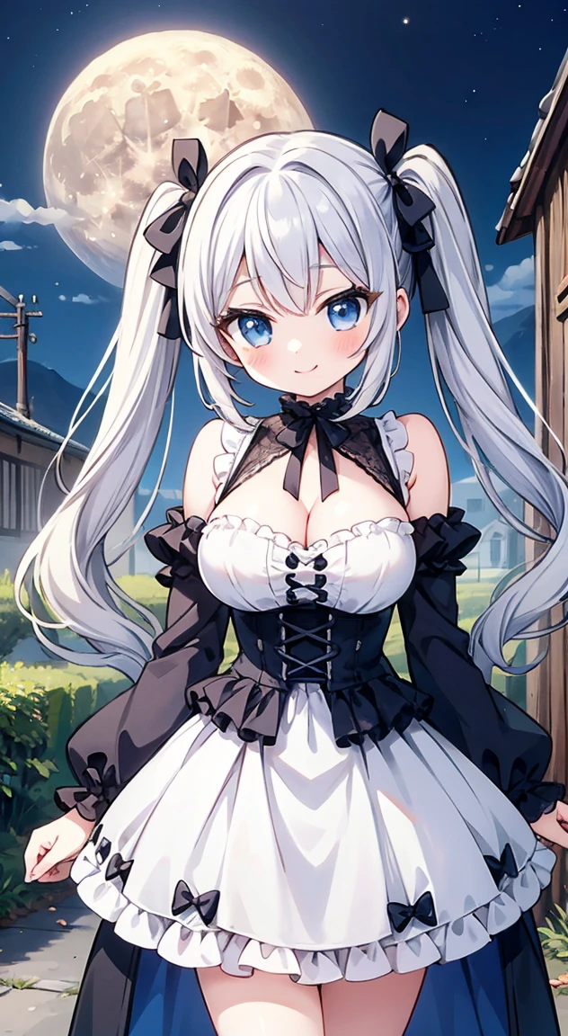 masterpiece, highest quality, (anime screencap:1.3),(shape), cute,(simple:1), (anime:1.2),Solo Sharp Focus,large breasts,seductive smile, 1 girl, cleavage,looking at the viewer, Japan,nighttime,silver hair,((mini skirt)),Are standing, twin tails,((white Gothic Costume)),dark gothic,abandoned house,lolita fashion,hair ribbon,cowboy shot,supermoon,Fullmoon,puffy eyes,