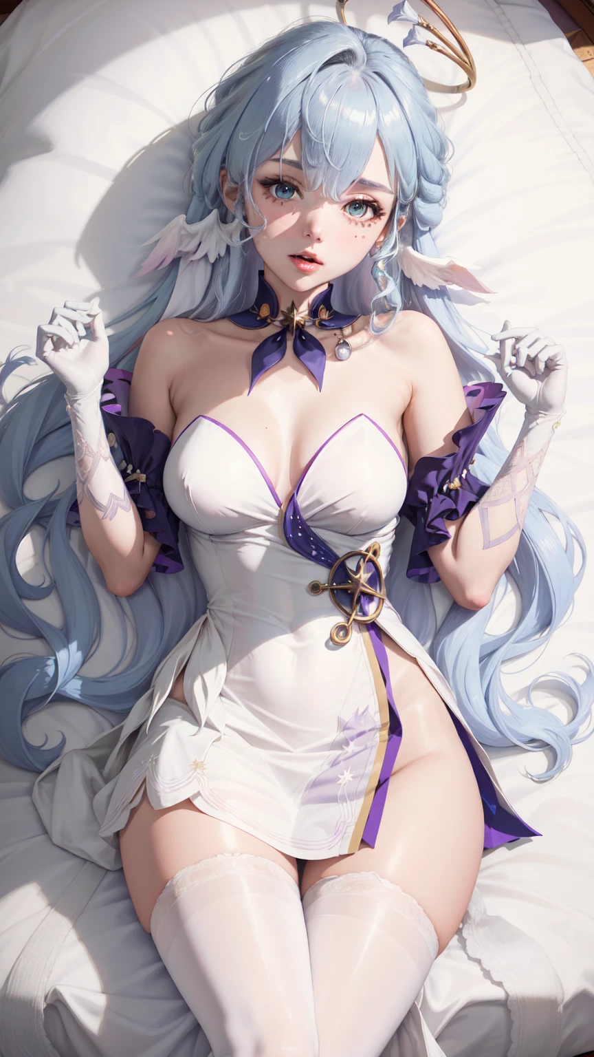 (realistic:1.8, highest quality:1.8,8K masterpiece:1.8,High resolution,pieces fly:1.8,RAW photo,cinematic lighting,red and purple dream colors),one goddess、(colorful armor dress、slit mini skirt、choker、knee high stockings、loafer shoes、Cleavage cut,attractive nipples),(detailed blue eyes:1.7,double eyelid:1.6,Shining beautiful skin), (look at the camera:1.5),(whole body,Photo seen from below:1.5),( medium hair:1.2,Beautiful shining blue and white hair:1.5), Performance(Impish Smile:1.3,face turns red:1.3),(moderate chest:1.3), stop temporarily(stand with legs apart,seductive pose:1.5), background(A bright forest with blooming flowers),Nipples are visible through the costume、(detailed perfect face),anatomically correct,correct movement:1.5,correct foot:1.5,4 fingers and 1 thumb in correct proportion,(camel toe),No split screen,thin abs:1.2,highly detailed skin:1.2,(young sensual gravure idol)