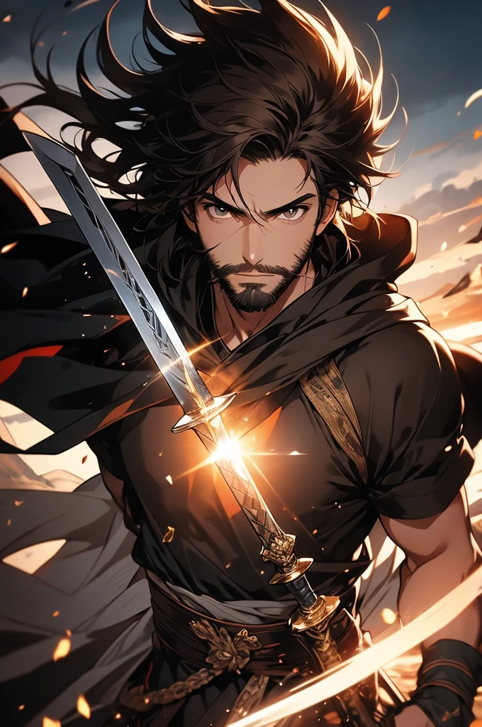 [4k, ultra-detailed image, character in 32k, beautiful features] white man, long brown hair, short stubble beard, deep brown eyes, simple black swordsman outfit in completely black color, [hair being blown in the wind], gentle smile on the face, black cape being carried in the wind, landscape background, a sword in hand with its blade shining with the reflection of the sun [angle seen from above of the character taking in the landscape around him, character looking fixedly at the viewer]