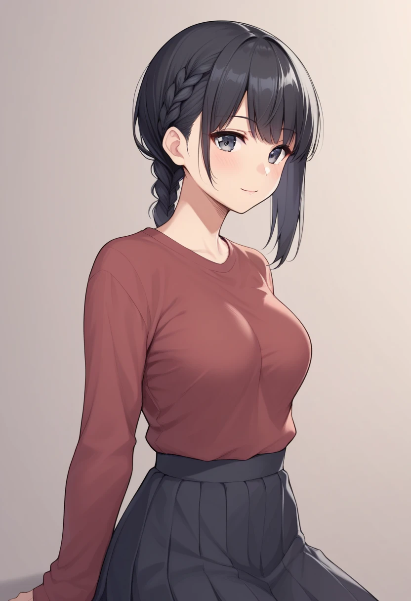 score_7_up, 1girl, solo, :>, short_bangs, side_braid, black hair, medium breasts, 