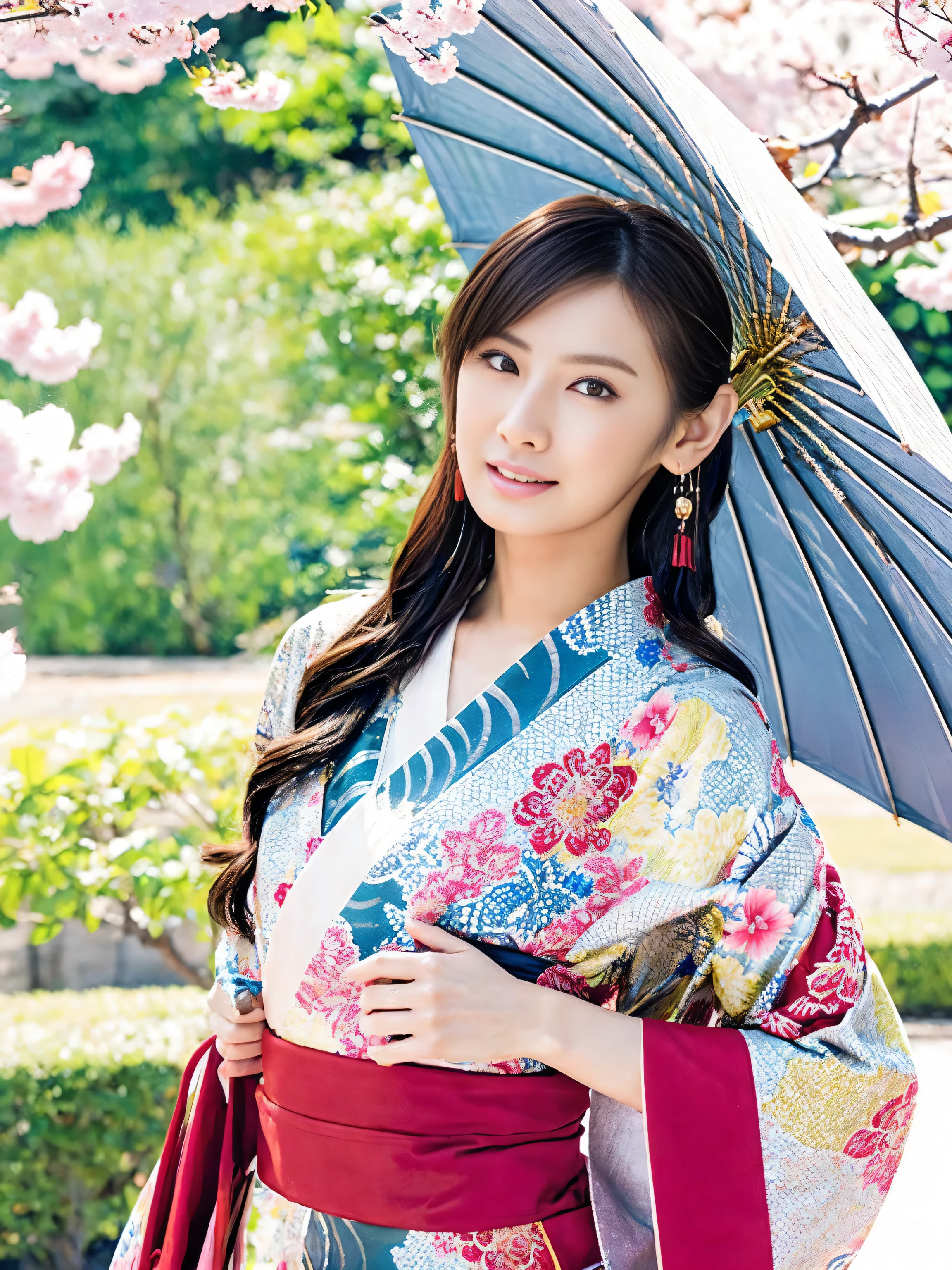 araffe asian woman in kimono with umbrella and cherry blossoms, Japanese goddess, in kimono, Japanese model, in a kimono, beautiful asian girl, beautiful chinese model , asian girl, wearing kimono, elegant Japanese woman, kimono, Japanese woman, Hungry Ghost Festival, traditional beauty , Japanese , Beautiful Asian Woman , asian high detail, boobs, sexy girl , Big Breasts , emphasizes bust line