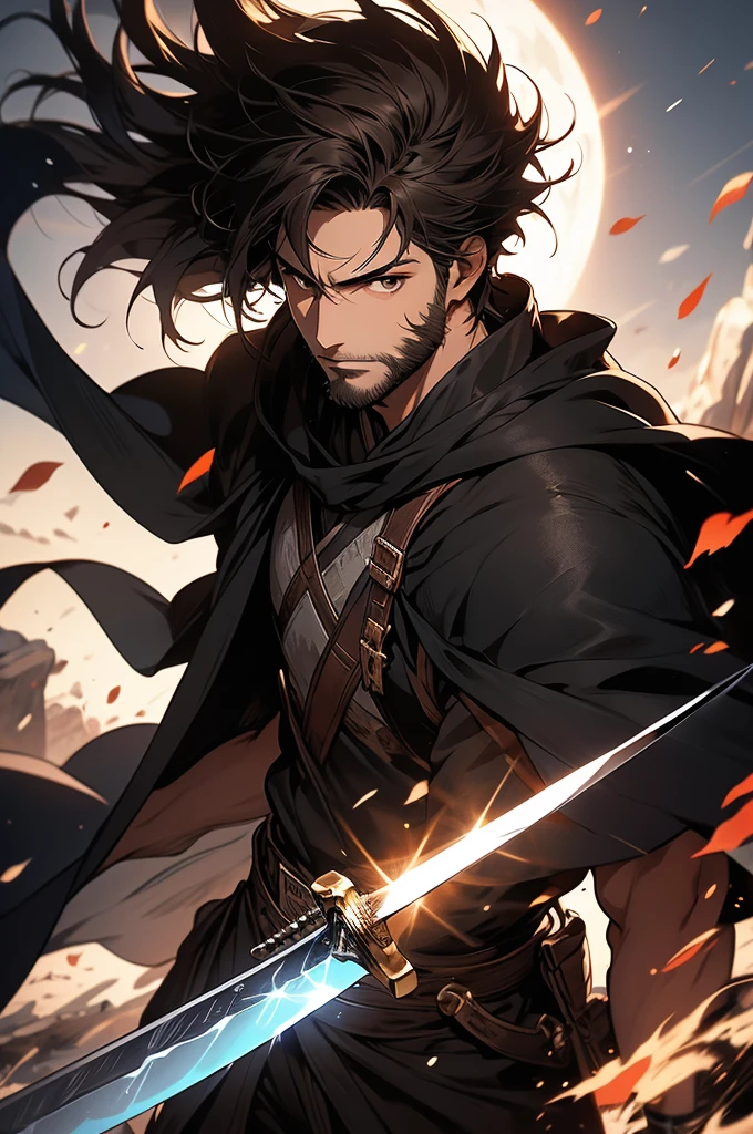 [4k, ultra-detailed image, character in 32k, beautiful features] white man, long brown hair, short stubble beard, deep brown eyes, simple black swordsman outfit in completely black color, [hair being blown in the wind], gentle smile on the face, black cape being carried in the wind, landscape background, a sword in hand with its blade shining with the reflection of the sun [angle seen from above of the character taking in the landscape around him, character looking fixedly at the viewer]