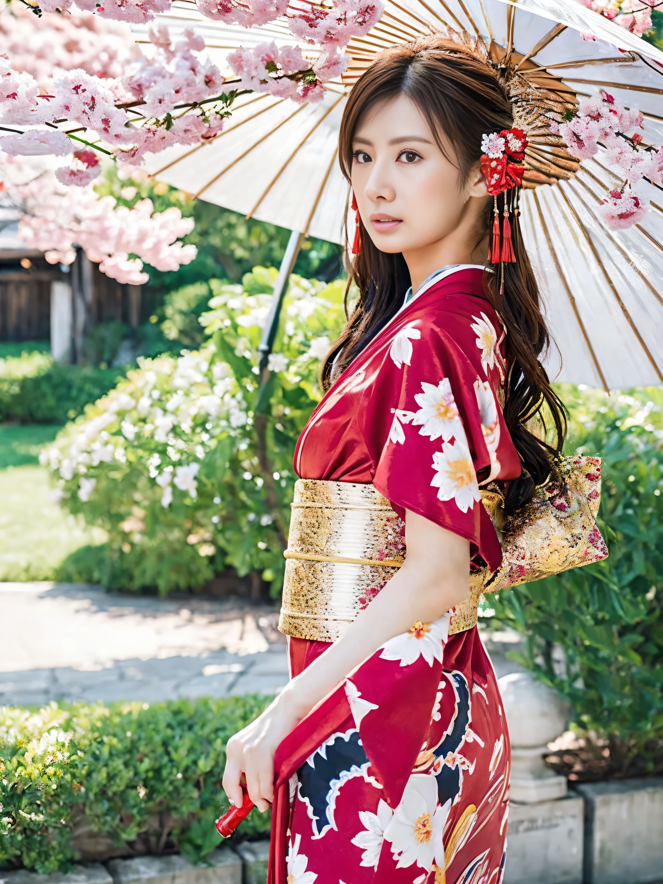 araffe asian woman in kimono with umbrella and cherry blossoms, Japanese goddess, in kimono, Japanese model, in a kimono, beautiful asian girl, beautiful chinese model , asian girl, wearing kimono, elegant Japanese woman, kimono, Japanese woman, Hungry Ghost Festival, traditional beauty , Japanese , Beautiful Asian Woman , asian high detail, boobs, sexy girl , Big Breasts , emphasizes bust line