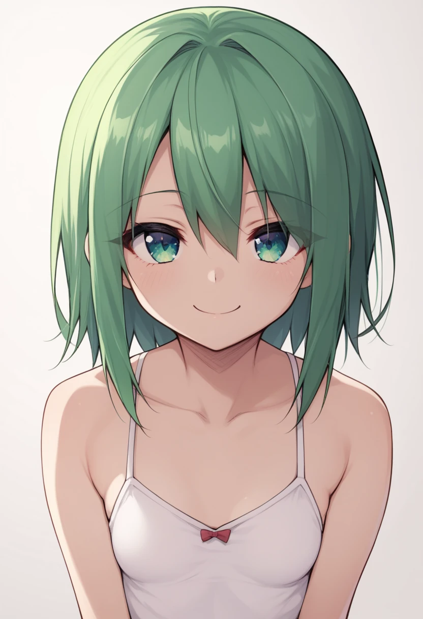 score_7_up, 1girl, solo, squinting_eyes_smile, hair_over_one_eye, mizura, green hair, small breasts, 