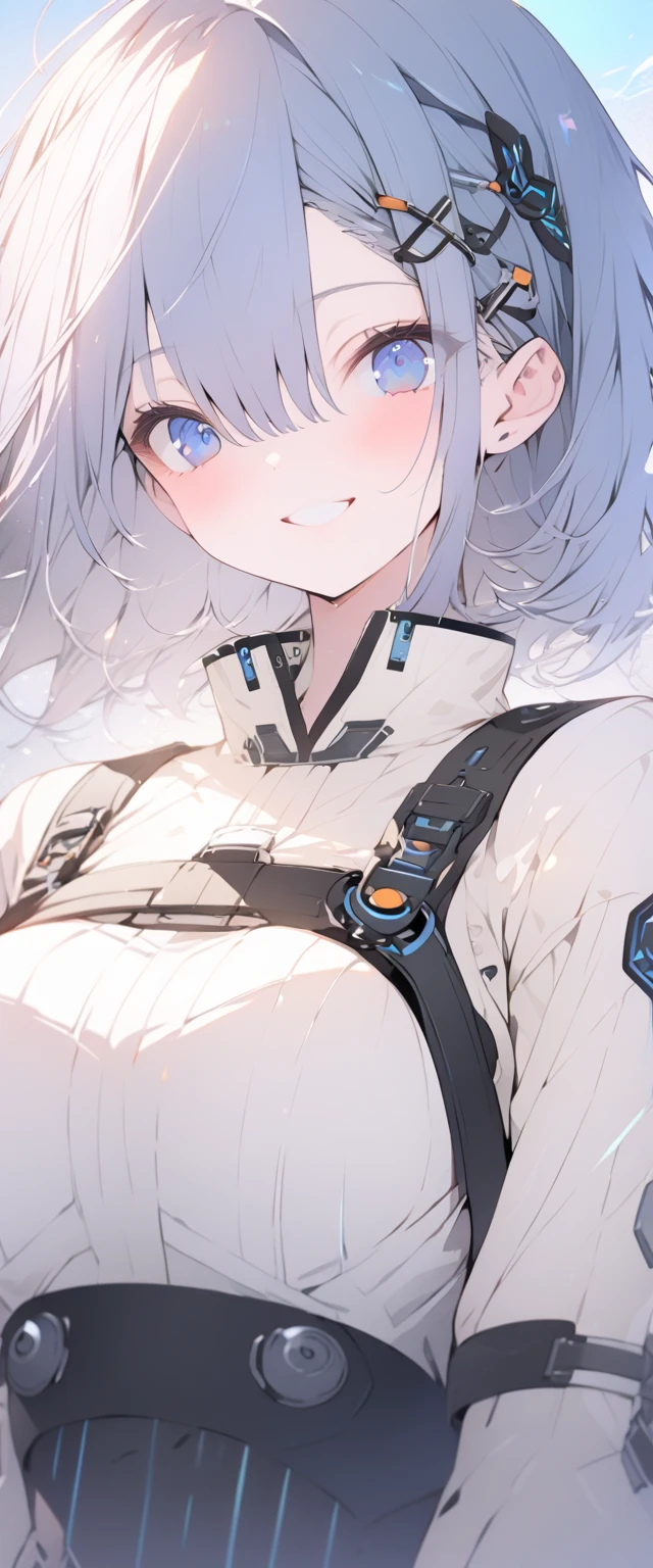beautiful, masterpiece, Highest quality, anime, One girl, C Cup,Portrait Shot, View your viewers, Covered、Short Hair、nearby、Blue Eyes、art、、White hair,Blue streaked hair、hairpin、Thighs、Cute、blue sky、Beautiful breasts、Full Harness、valley、Sweat、Under Harness、Body Harness、Tightening、Penetration、Body belts、Plainer_Sci-fi combat uniform、PlainerSFアンダースカート、smile、Thigh under belt、Sleeping together
