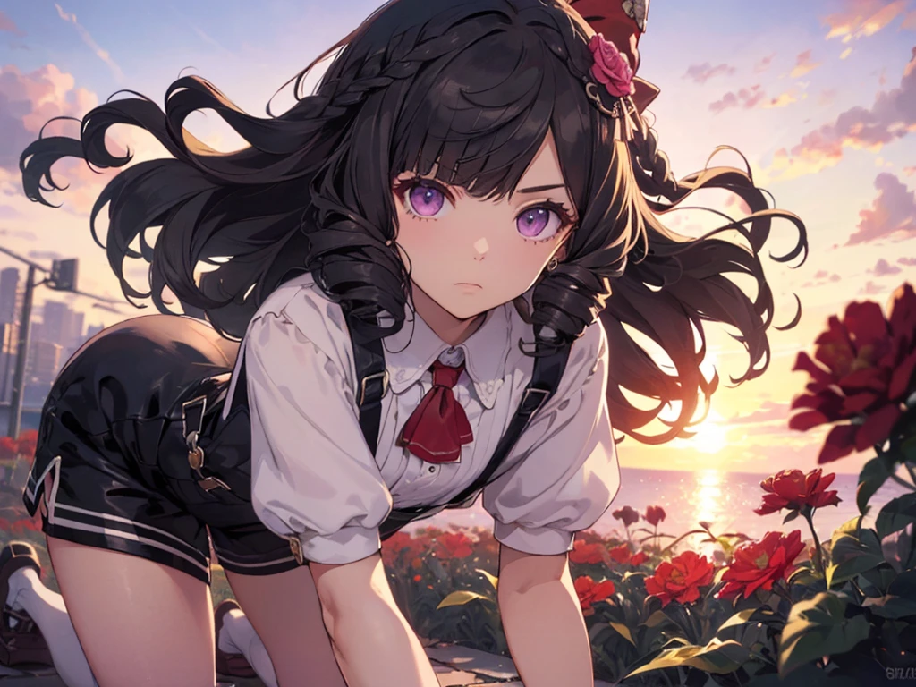 Solo, Girl, (Human Ears, Short Height, Flat Chest), (Ring Earrings), (Black Hair, Long Hair, Curly, Vertical Curls in Front of Bangs), (Flower Hair Ornament, Hair Pinned Back with a Big Red Ribbon), (On All Fours), (Serious Face, Heavy Makeup), (Purple Vertical Striped Sweater Dress, Suspenders, Shorts, Black Tights, Black Gloves), (Surrounded by Lots of Red Flowers), (Sunset Sky, Sunset, Evening Sky), (Low Angle Focus on Chest), (8k, High Resolution, Masterpiece, Accurate, Anatomically Correct, Multiple Awards, Top Quality, Detailed, High Quality Model, High Quality, Quality, Retina, Highly Detailed, Textured Skin, Ultra High Resolution).