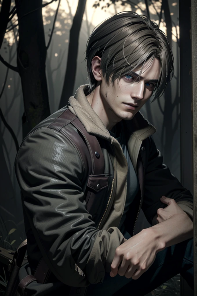 Boy angel vibes, grayish blue and golden eyes , dark hair messy, resident evil 7 vibes night. Siren hill. , resident evil leon Kennedy, night background in the forest. Clear, blemish-free skin, 20- year-old. perfect features masculine. semi muscular body. no beard. Blood in the face. perfect nose, marked jaw. facial glow. delicate facial features. hairless. apocalyptic and dark background. Night. warm clothes. Smile