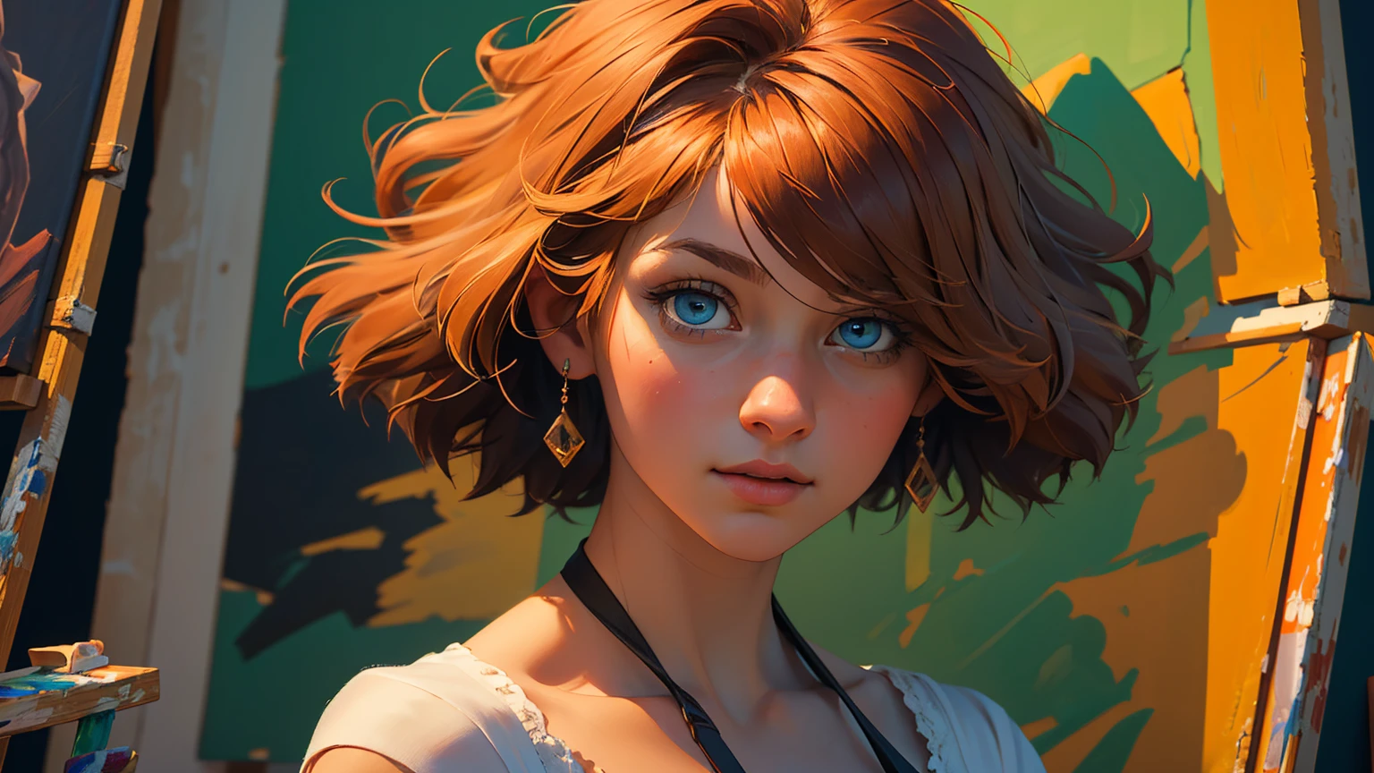 (absurdres), masterpiece, best quality, sharp focus, soft lighting, (full shot), (realistic), (cowboy shot), (beautiful) (petite:1.21) (medium breasts:0.96), stunningly attractive (tomboy) girl, (playful:1.2), (aroused:1.3), nature backdrop, ( red very short wavy hair:1.21), (amazing feminine face:1.21), (detailed freckles:0.96), (beautiful realistic green eyes:1.21), (small nose:1.11), (narrow waist:1.31), (wide hips:1.11), (thick thighs:1.01), (long legs), (excellent hands fingers thumbs:1.16), (Yoji Shinkawa:1.01), (Raymond Leech:1.11), (Range Murata:1.11), (Alena Aenami:1.01), (Pascal Campion:1.16), (Rebecca Guay:1.11), (Sparth:1.01), (r/eyes:1.21), (confident expression:1.21), (nose blush:0.81), (cleavage:0.81) (elegant) (intricate) (cute:1.01) tight t-shirt, exposed midriff, (shorts:1.21), (pixie cut:1.21)