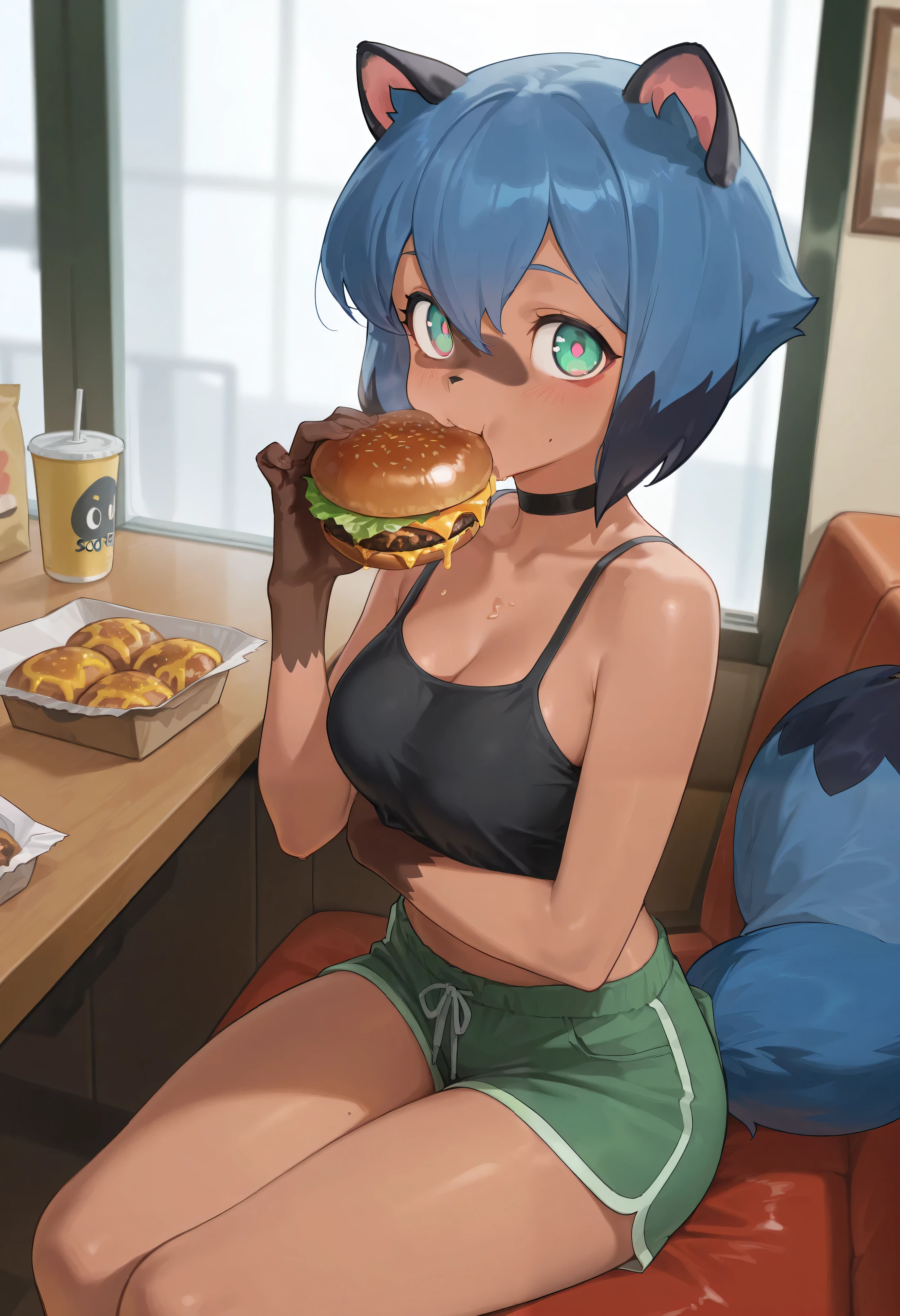 Michiru kagemori from brand new animal, tanuki girl, solo, female, breasts, indoors, inside a restaurant, sitting, looking at viewer, eating a hamburger, clothed, casual clothing, masterpiece, best quality, amazing quality, very aesthetic, absurdres,