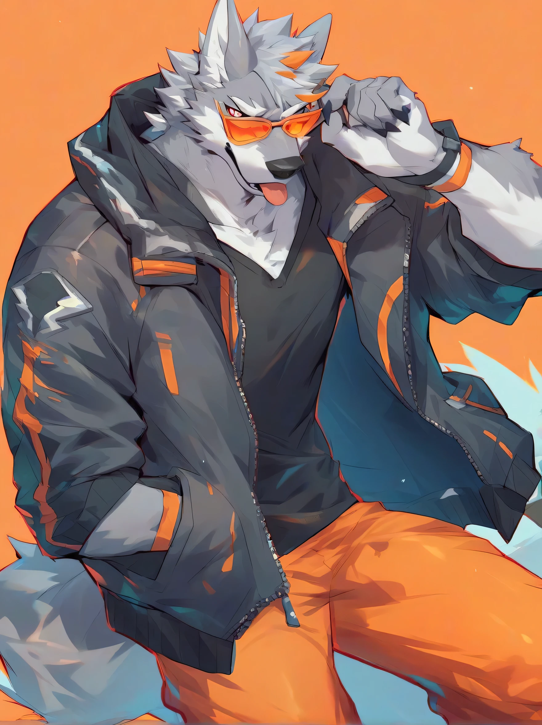 Male gray wolf , gray hair , Orange Hair ,golden red pupils, orange red sunglasses,Orange trousers,Tongue out,source_ furry, jacket, streetwear , Blep, by littleblackalas