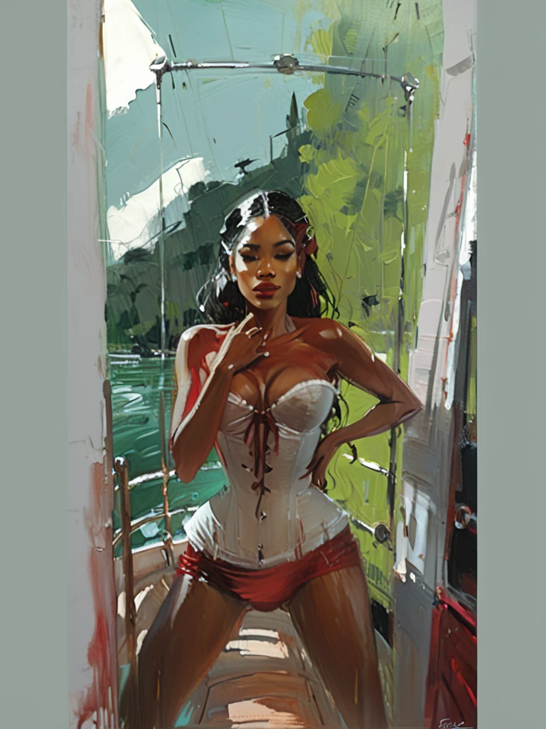 Very authentic painting by (Fabian Perez:1.3) , (Henry Asencio:1.2), (Alessandro Barbucci:1.1), a beautiful naked mulatto woman aka Jessica Rabbit in a billowy red blouse and corset stands confidently at the helm of a ship, surrounded by lush green landscapes and sparkling water, exuding a spirit of adventure and freedom..., master piece, complete body view, beauty, sensual feminine, visible flat brushstrokes, thick layers of paint, .. on dark background, light leaks, The painting is done with loose brushstrokes and vibrant rich imperial colors.