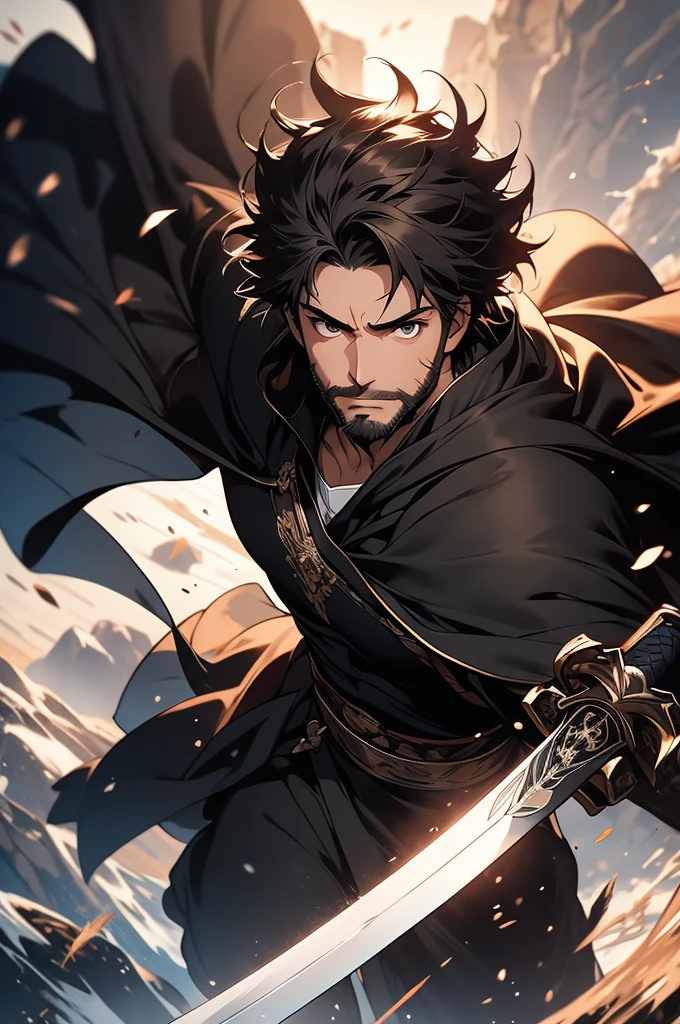 [4k, ultra-detailed image, character in 32k, beautiful features] white man, long brown hair, short stubble beard, deep brown eyes, simple black swordsman outfit in completely black color, [hair being blown in the wind], gentle smile on the face, black cape being carried in the wind, landscape background, a large and thick sword in hand with its blade shining with light reflection [angle seen from above of the character taking in the landscape around him, character looking fixedly for the spectator]