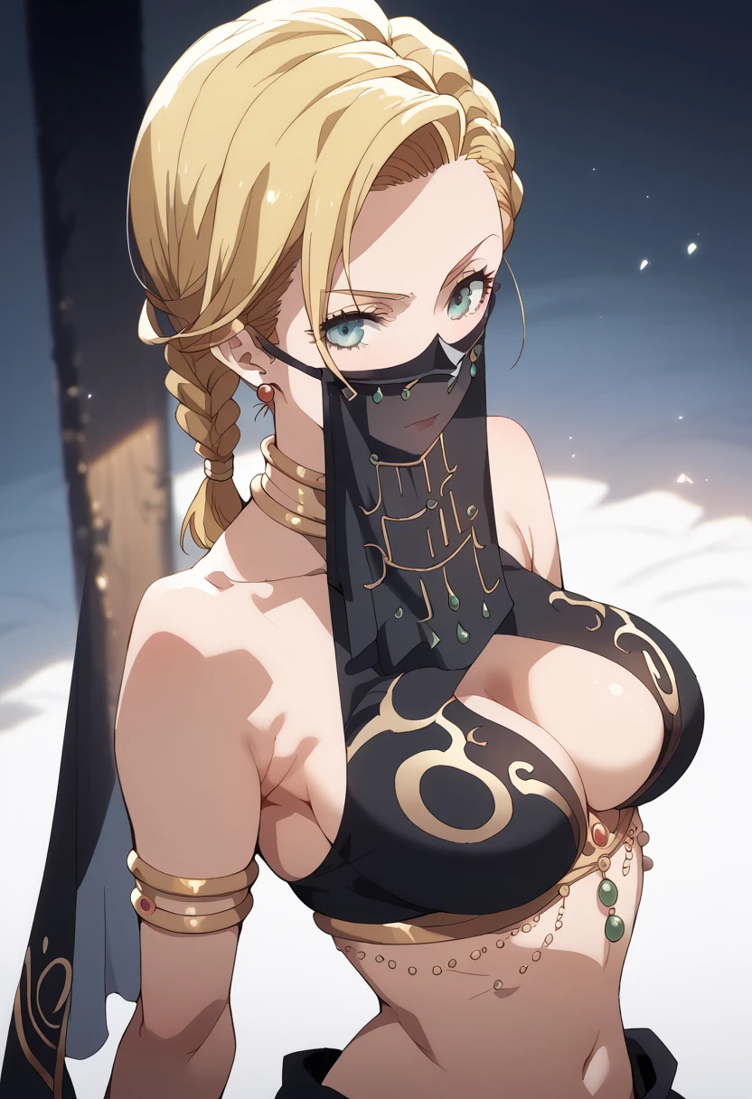 masterpiece, high definition , top quality,8k
(Dragon Quest,Bianca Whitaker)
( blonde alone,single braid,large breasts,slender)

((black harem costume,black veil))