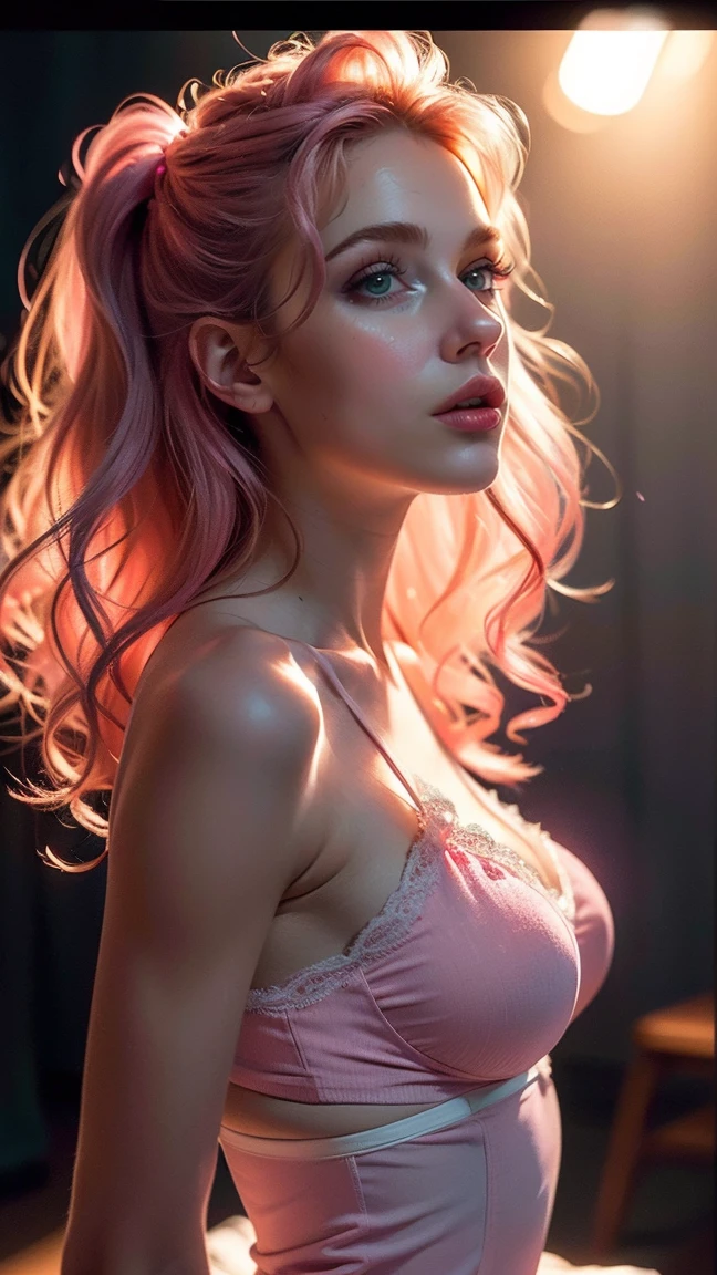 (((ultra realistic))) Photo, masterpiece, top quality, (pale skin), (Ultra detailed face and eyes:1.3), 1 girl, Adult, in a T-shirt, (Eye makeup, mascara) , ((large detailed lips)), ((Pink wavy hair)), ((Chyolka)) , (Natural breasts), Slim waist. ((Posing)), photoshoot, studio (soft lighting), (The play of light and shadows), depth of field, bokeh, (special attention to skin detail: 1.2), Detailed leather texture, skin pores. (Warm atmosphere of the frame. Color range: black, purple, Pink, blue tones), UDR, ((Film grain)), ((rays)), ((Glare)), ((waist up portrait)) , ultra detialed,
