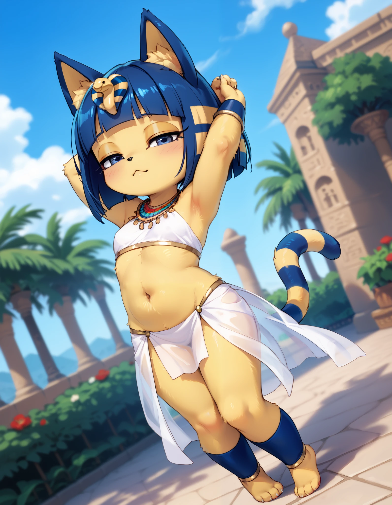 [isaCrossing], [Ankha; Animal Crossing], [Uploaded to e621.net; (Pixelsketcher)], kemono, dagasi, solo female ankha \(animal crossing\) with ((cute and short body with homogenous yellow fur)), ((cute body)), (full body), (dutch angle), (blue hair), (blue eyes), (half closed eyes), (yellow and blue striped cat tail), ((anthro furry)), ((wearing sexy white belly dancer clothes)), (egyptian necklace), ((small breasts)), (detailed fluffy fur), (dancing with hands above head), (seductive pose), (relaxed expression), (detailed background, outdoors, night garden background, depth of field, half body shadow, moonlight, ambient light on the body), (intricate:1), (high detail:1.3), (unreal engine:1.2), (soft focus:1.15), [explicit content, questionable content], (masterpiece, best quality, 4k, 2k, shaded, absurd res)