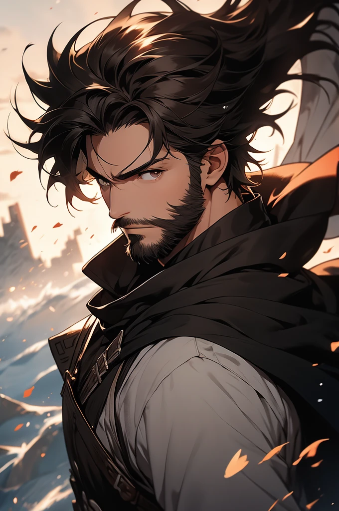 [4k, ultra-detailed image, character in 32k, beautiful features] white man, long brown hair, short stubble beard, deep brown eyes, simple black swordsman outfit in completely black color, [hair being blown in the wind], gentle smile on the face, black cape being blown in the wind [angle seen from above of the character taking in the landscape around him, character looking fixedly at the viewer]