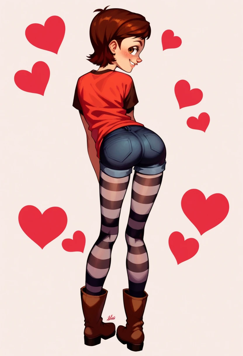 1girl, full body, solo, penny, brown hair, short hair, brown eyes, alone, red T-shirt over a brown long-sleeved shirt, denim black shorts, black and white striped tights, alongside brown socks with a red line and brown boots, salient smile, Butt Clench, perfect body, sexy, sexy legs, looking at viwer, crass girl, bad girl, naughty face, hearts, heart Background, back view, ass close-up, bent over, looking back