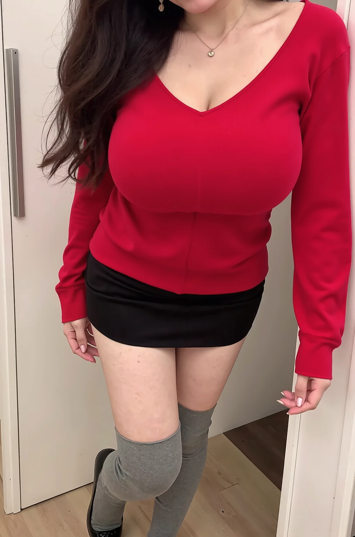 Korean, Sitting shallowly in a train chair，（（（tmasterpiece）））， （（best qualtiy））， （（intricate detailes））， （（Ultra-realistic realism））， Ridiculous resolution， A MILF， Mature Woman， ighly detailed， illustratio，（（Large breasts））， perfect hand， Detailed finger， Beautiful detailed eyes，very long light brown hair，wavy hair, Korean-style bright red turtle knit, Black super mini pleated skirt, pink thong, black long knee boots，detailedbackground， perfect  eyes， mesmerizing eyes，Slightly open mouth, cocked ass, (((One girl with huge breasts who boldly spreads her legs and seems to burst:1.5)))