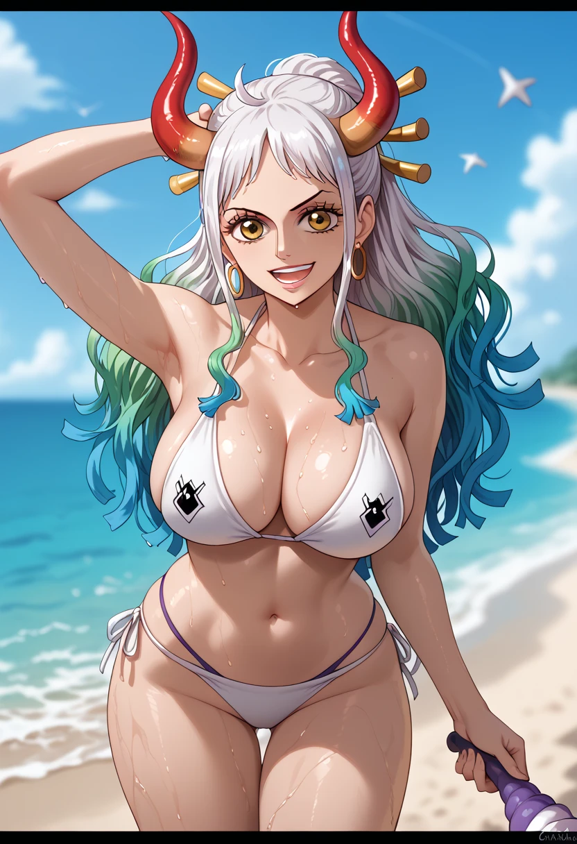 score_9,score_8_up,score_7_up,score_6_up, yamato \(one piece\), 1 girl, alone, multicolored hair, jewelry, earrings, hair ornament, curly horns, long hair, oni, smile, rope, breasts, hair clip, blurred background, open mouth, hoop earrings, bare shoulders, simple background, (loose hair:1.2),, highres, pretty fingers, elegant, elegant face, sexy body, large breasts, perfectly round breasts, beach umbrella, bikini, black border, breasts, cloud, day, where, letterboxed, looking at viewer, navel, ocean, sand, seagull, POV, standing, arm up, sky, smile, alone, starfish, swimsuit, water, watercraft, wet, white, yellow lipstick