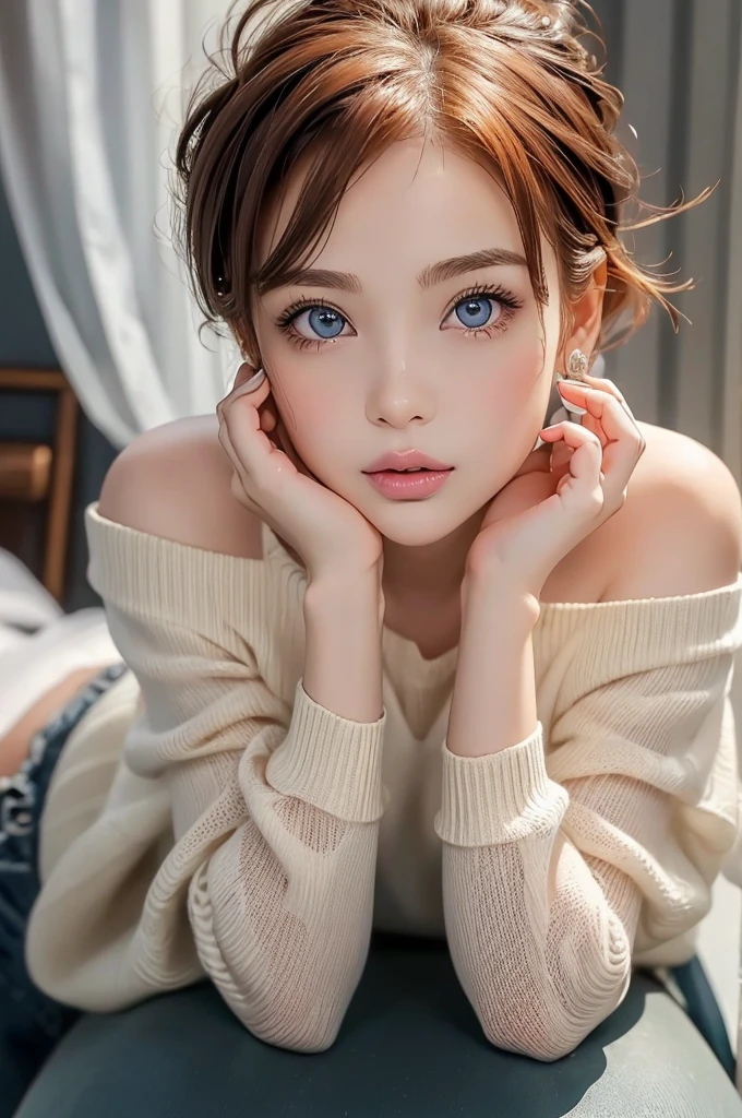  very detailed,  extremely realistic,  hyperrealism ,  super real ,  top quality,(  Masterpiece , soft lighting ,  Stylish eyes with attention to detail: 1.2),-yeld gi (cute), christmas gift、Lie on a bed standing on one knee、Hands Behind Back、off-the-shoulder sheer white sweater, black tights、 gaze straight at me , (:1.6),lip highlight ,Big Mouth , Thick lips,  moist lips  ,  plump lips , plump lips , Creamy glossy lips,  My lips are shiny with lip balm , no makeup in the coal mine, redhead short bob hair , (Perfect oval for big eyes), blue beautiful perfect eyes , ( attractive若い女性:1.3), ( attractive:1.1),