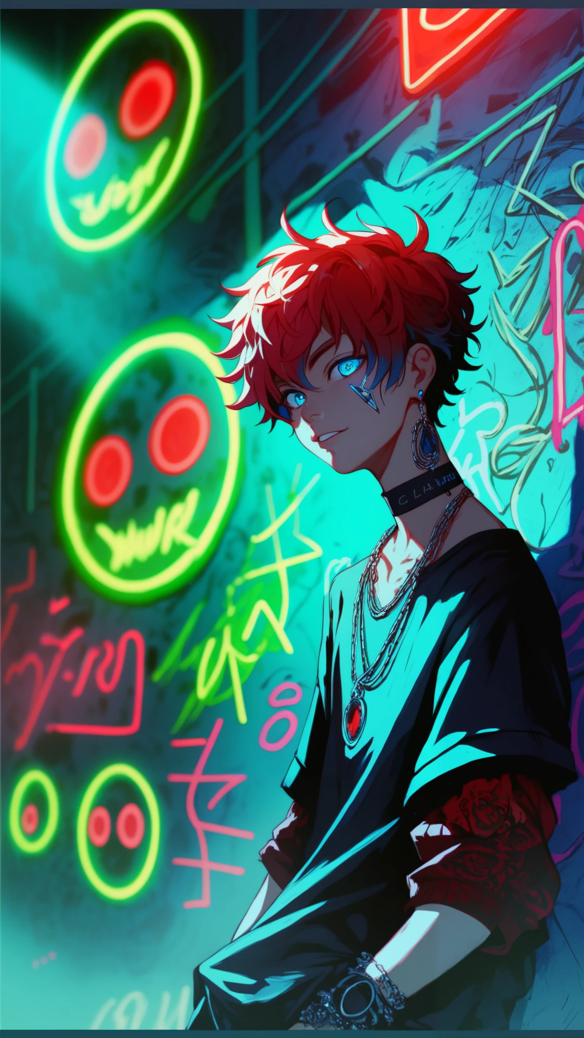 anime style, cool and edgy, thicker outlines, painterly elements, fine details, soft edges, Dutch angle shot, dynamic angle, A young man with light blue hair, large glowing blue eyes, and an oversized shirt, standing against a dark blue wall with neon green graffiti, vibrant, eerie, high contrast, anime style, tattos, fashionable, posing, expression, stylish, striking, modern, fashion