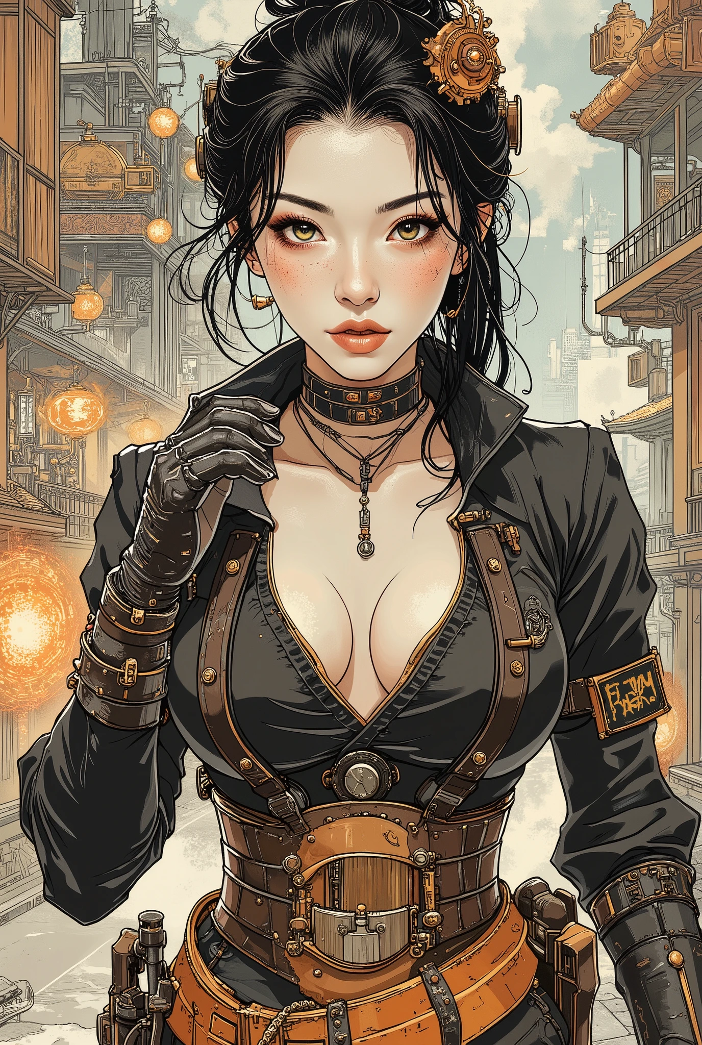 (( Best Illustration )), (( Masterpiece )), ( super detailed), 8k, 16k, wallpaper,( steampunk:2.0) , Japanese woman with a viewing angle of, sci-fi , Graphic Novel , retrofuture,SF, super sexy , Psychedelic ,avant-garde,( Ukisei)