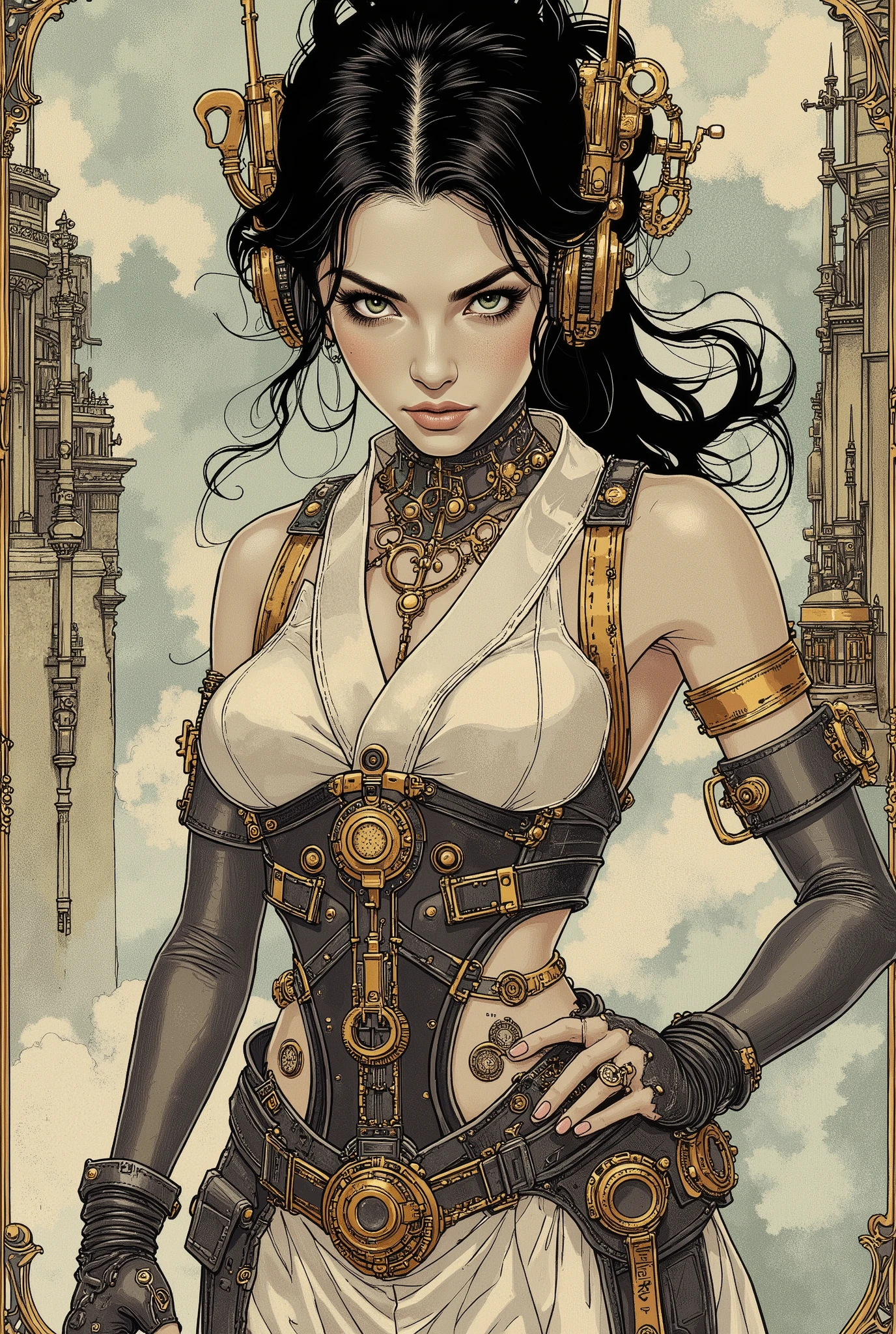 (( Best Illustration )), (( Masterpiece )), ( super detailed), 8k, 16k, wallpaper,( steampunk:2.0) , Japanese woman with a viewing angle of, sci-fi , Graphic Novel , retrofuture,SF, super sexy , Psychedelic ,avant-garde,( Ukisei)
