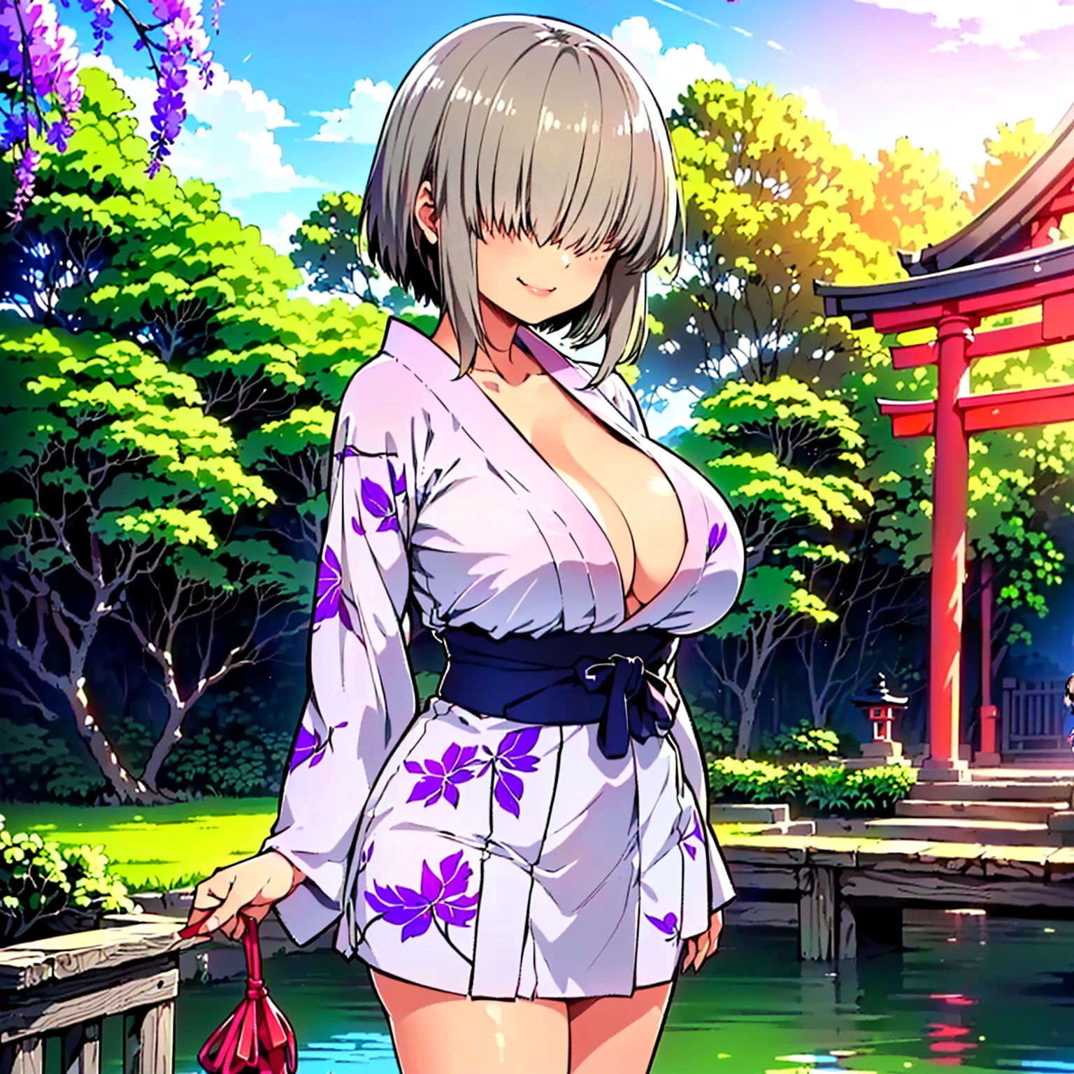 ((1 girl, Alone, alone, (uzaki yanagi, yanagi, short hair, bangs, grey hair, hair over eyes, side lock, long bangs, covered eyes), big breasts, big bust, by the wide, Physical aptitude)), ((Alone, (1 woman, smug), extremely detailed, Soft ambient lighting, 4k, Perfect eyes, a perfect face, perfect lighting, a 1 girl)), ((Physical aptitude, , well formed body, athletic body, toned body)), ((kimono, Yukata, Japanese garden, Japanese temple, forest, torii, trees, city in the background, red lipstick, clouds, smug, printed kimono, jacaranda trees, high heels, neckline, cleavage))