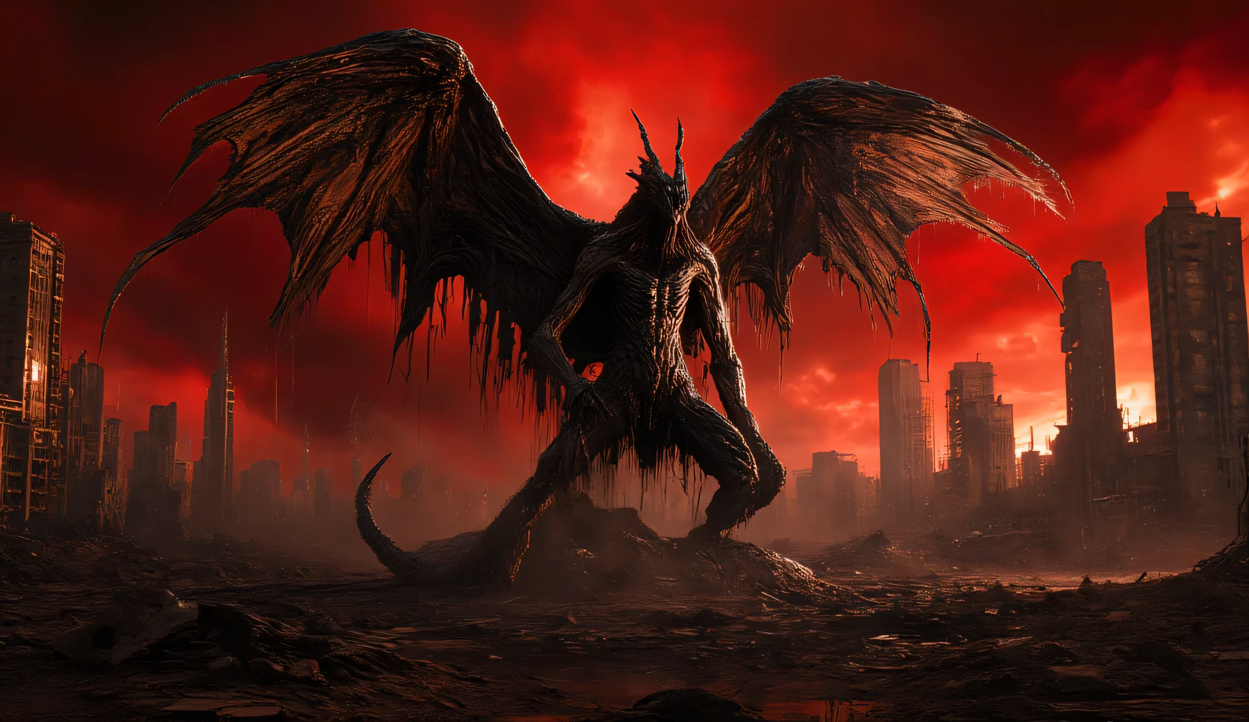 The great god of malice. A great monster in the midst of destroyed skyscrapers. Huge horns. The supreme demon. Two huge demonic wings. horror. A crimson sunset, scarlet clouds in a black sky. The fire is burning. the ruins of the city. portals to hell