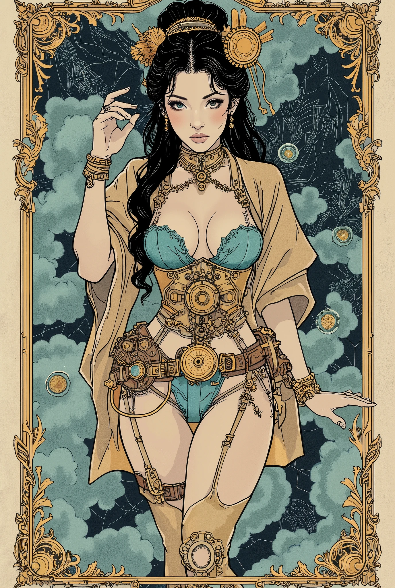 (( Best Illustration )), (( Masterpiece )), ( super detailed), 8k, 16k, wallpaper,( steampunk:2.0) , Japanese woman with a viewing angle of, sci-fi , Graphic Novel , retrofuture,SF, super sexy , Psychedelic ,avant-garde,( Ukisei)