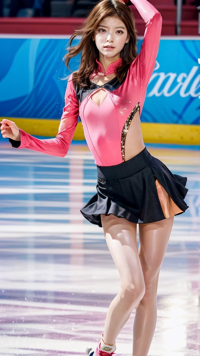 (8k, best quality:1.3), (extremely detailed:1.2), perfect anatomy, beautiful Japanese woman, 18 years old, healthy thighs, beautiful legs, beautiful skin, random hair color, random hairstyle, large breasts, (she is standing:1.2), female figure skater, figure skating outfit, (miniskirt:1.3), full body shot, skate shoes, skating rink