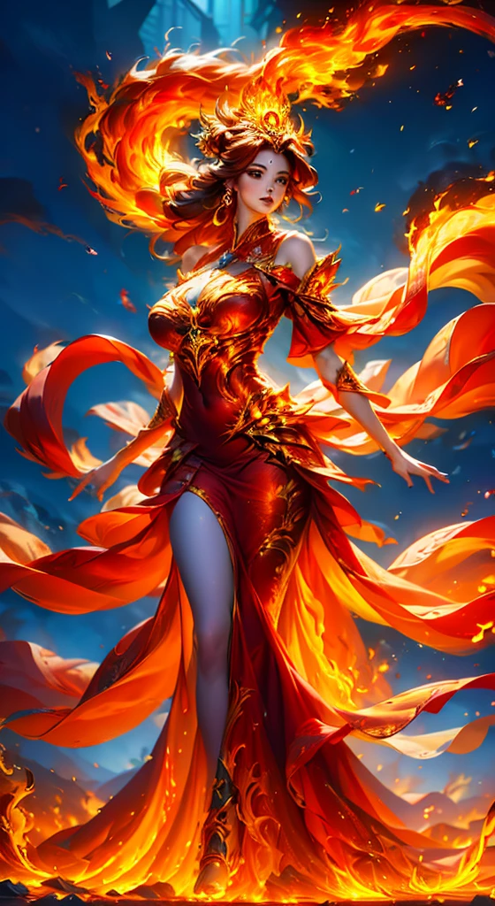 full body:1.1), full-size image of 1girll, detailed and dynamic 2.5D style, Depth of field, official art, Unity 8k wallpaper, Ultra detailed, illustration, Beautiful and aesthetic, Masterpiece, Best quality, cavalier, female warrior, (Big breasts), (A MILF, Mature female), A regal fire goddess, empress of fire, stands majestically before a blazing red and blue background, her fiery wings spread wide like a phoenix's. Radiant energy emanates from her presence, as she wears a flowing red and black attire adorned with intricate ornate patterns. Her golden crown resembles face of a phoenix, exuding divine power. Red hair cascades around her shoulders, blending with the surrounding fiery glow. The landscape behind her is an otherworldly realm of glowing embers, swirling fire, and ethereal light, evoking celestial power and mysticism. Warm hues of red, orange, and gold dominate the scene, contrasted by soft purples