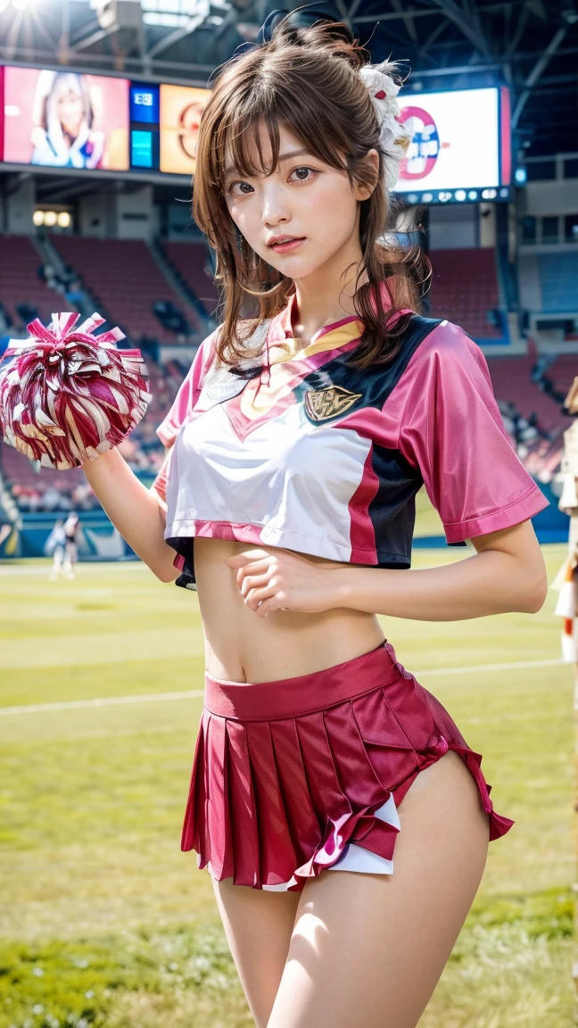 A beautiful young Japanese woman, 20 years old, with perfect anatomy, healthy thighs, beautiful feet, flawless skin, random hair color and style, large bust, (she is standing:1.2), wearing a cheerleader uniform with micro-pleated miniskirt, in a full body shot, standing in a stadium, (best quality,4k,8k, highres, masterpiece:1.3), (extremely detailed:1.2)