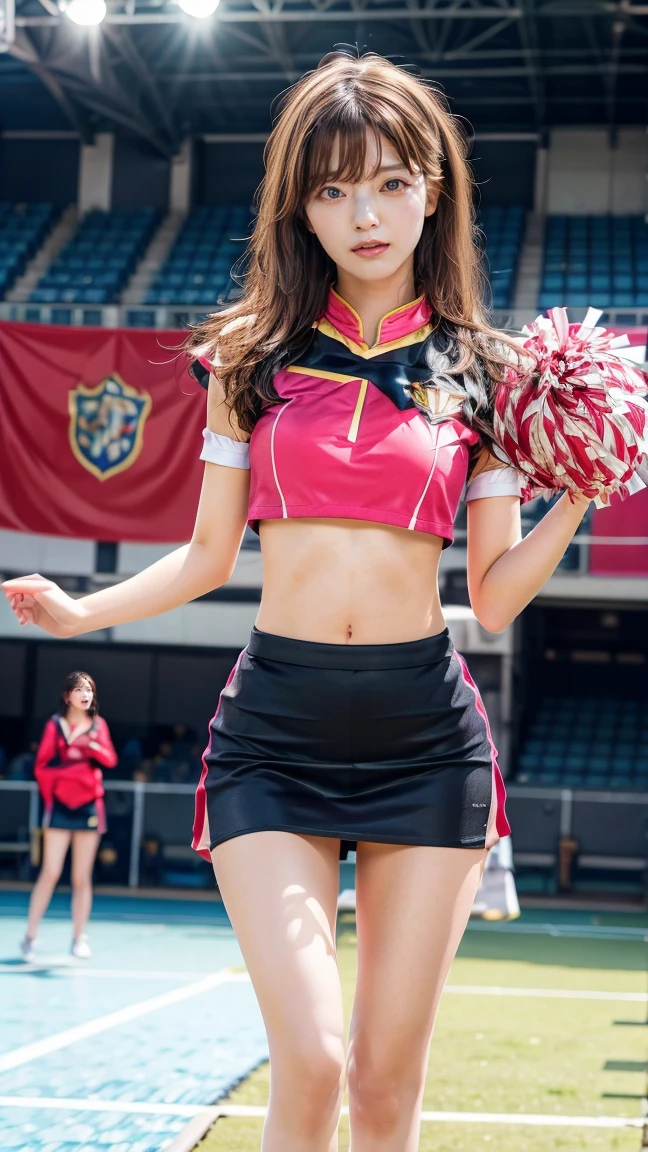 A beautiful young Japanese woman, 20 years old, with perfect anatomy, healthy thighs, beautiful feet, flawless skin, random hair color and style, large bust, (she is standing:1.2), wearing a cheerleader uniform with micro-pleated miniskirt, in a full body shot, standing in a stadium, (best quality,4k,8k, highres, masterpiece:1.3), (extremely detailed:1.2)