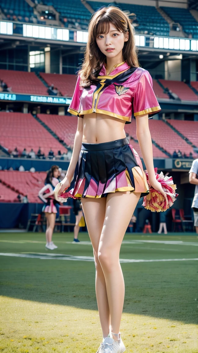 A beautiful young Japanese woman, 20 years old, with perfect anatomy, healthy thighs, beautiful feet, flawless skin, random hair color and style, large bust, (she is standing:1.2), wearing a cheerleader uniform with micro-pleated miniskirt, in a full body shot, standing in a stadium, (best quality,4k,8k, highres, masterpiece:1.3), (extremely detailed:1.2)